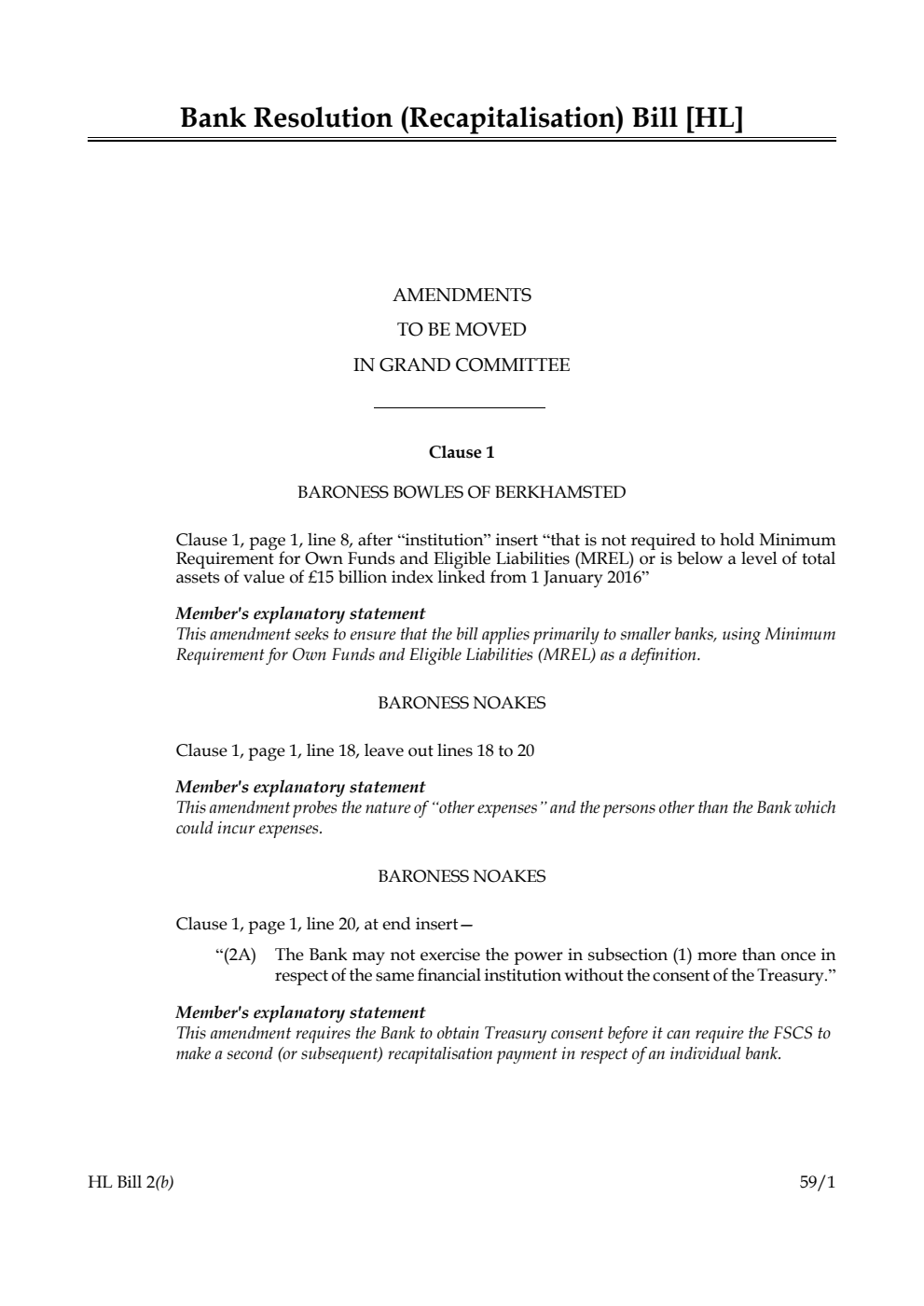 Bank Resolution (Recapitalisation) Bill Amendments to be moved in Grand Committee