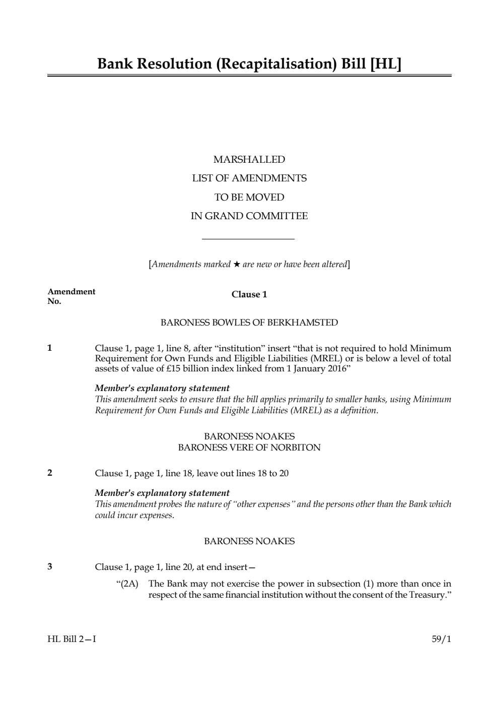 Bank Resolution (Recapitalisation) Bill Marshalled List of amendments to be moved in Grand Committee