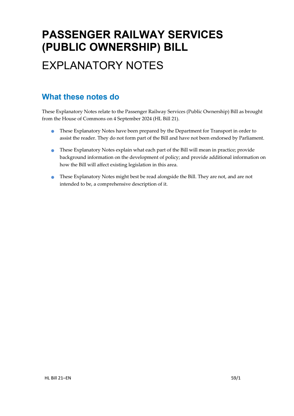 Passenger Railway Services (Public Ownership) Bill Explanatory Notes