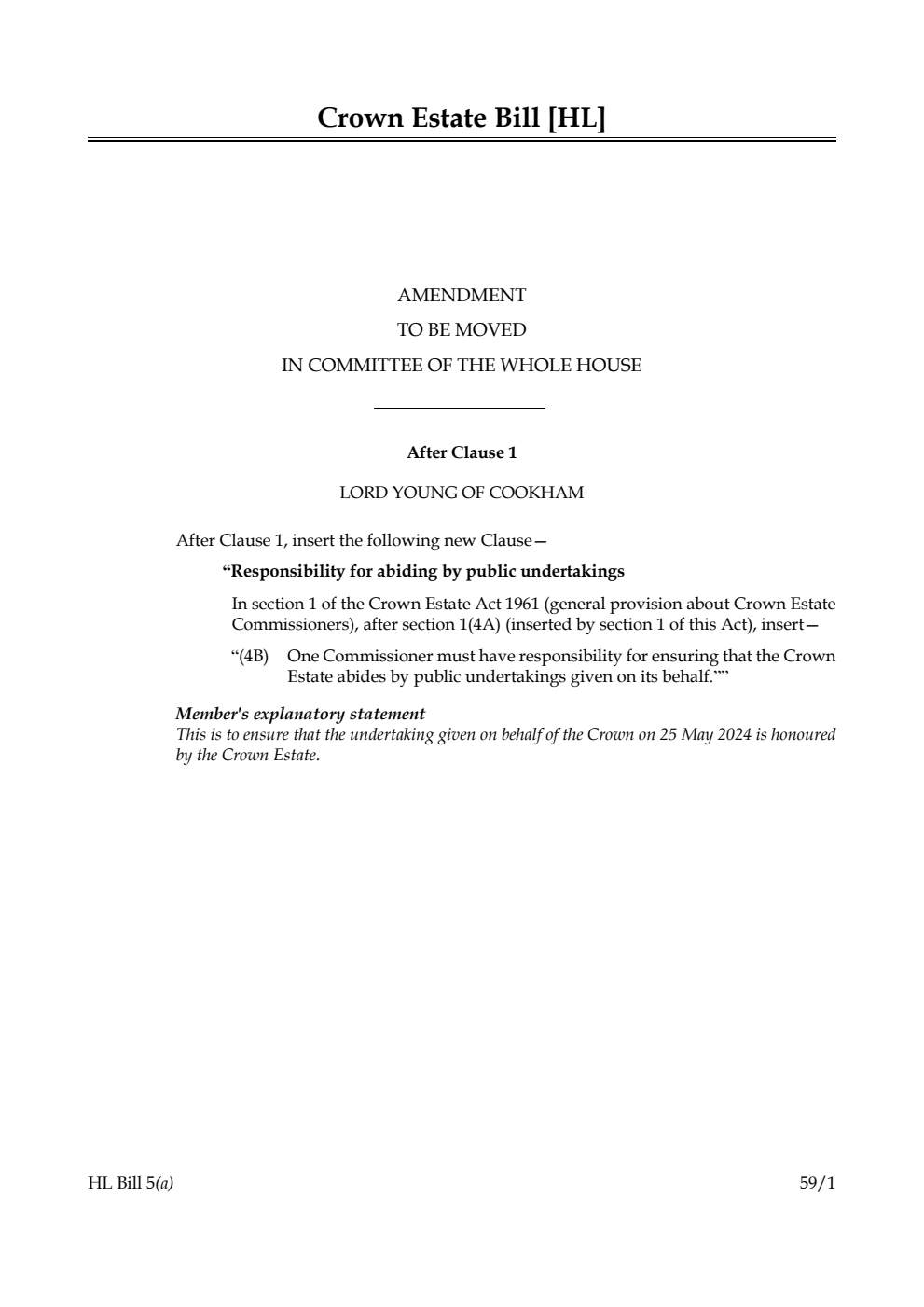 Crown Estate Bill Amendment to be moved in Committee of the Whole House