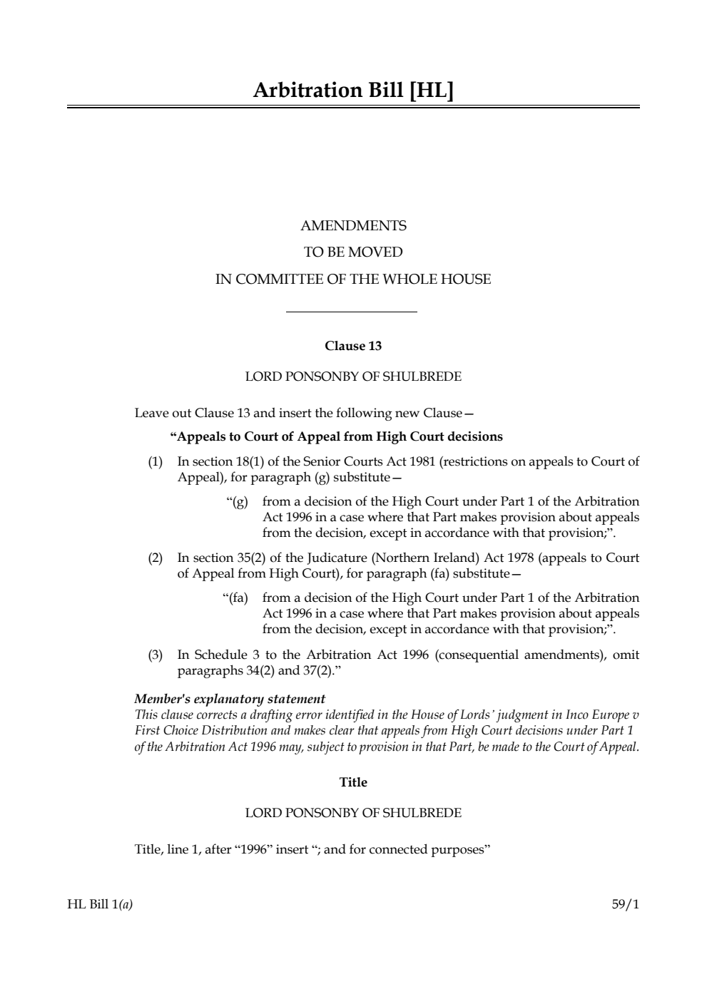 Arbitration Bill Amendments to be moved in Committee of the Whole House