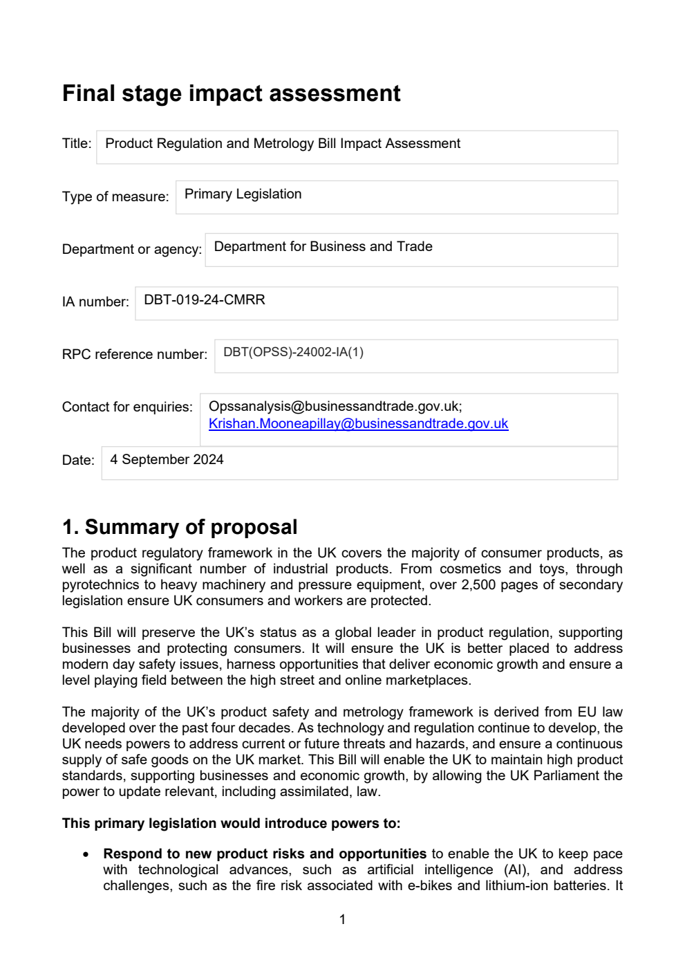 Product Regulation and Metrology Bill. Final stage impact assessment