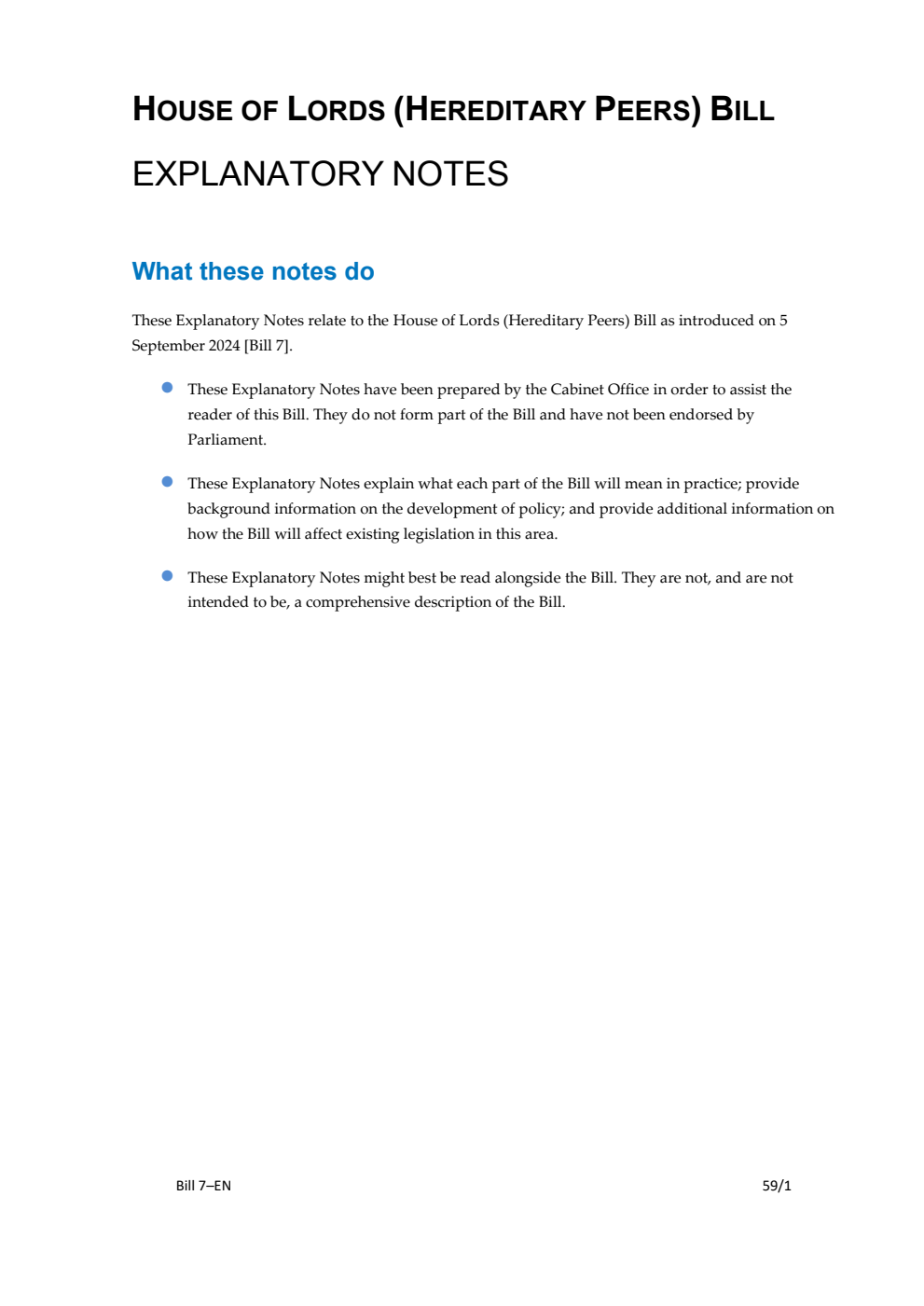 House of Lords (Hereditary Peers) Bill Explanatory Notes