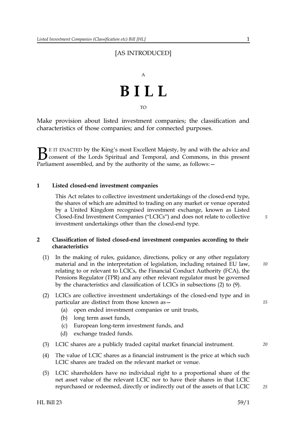 Listed Investment Companies (Classification etc) Bill