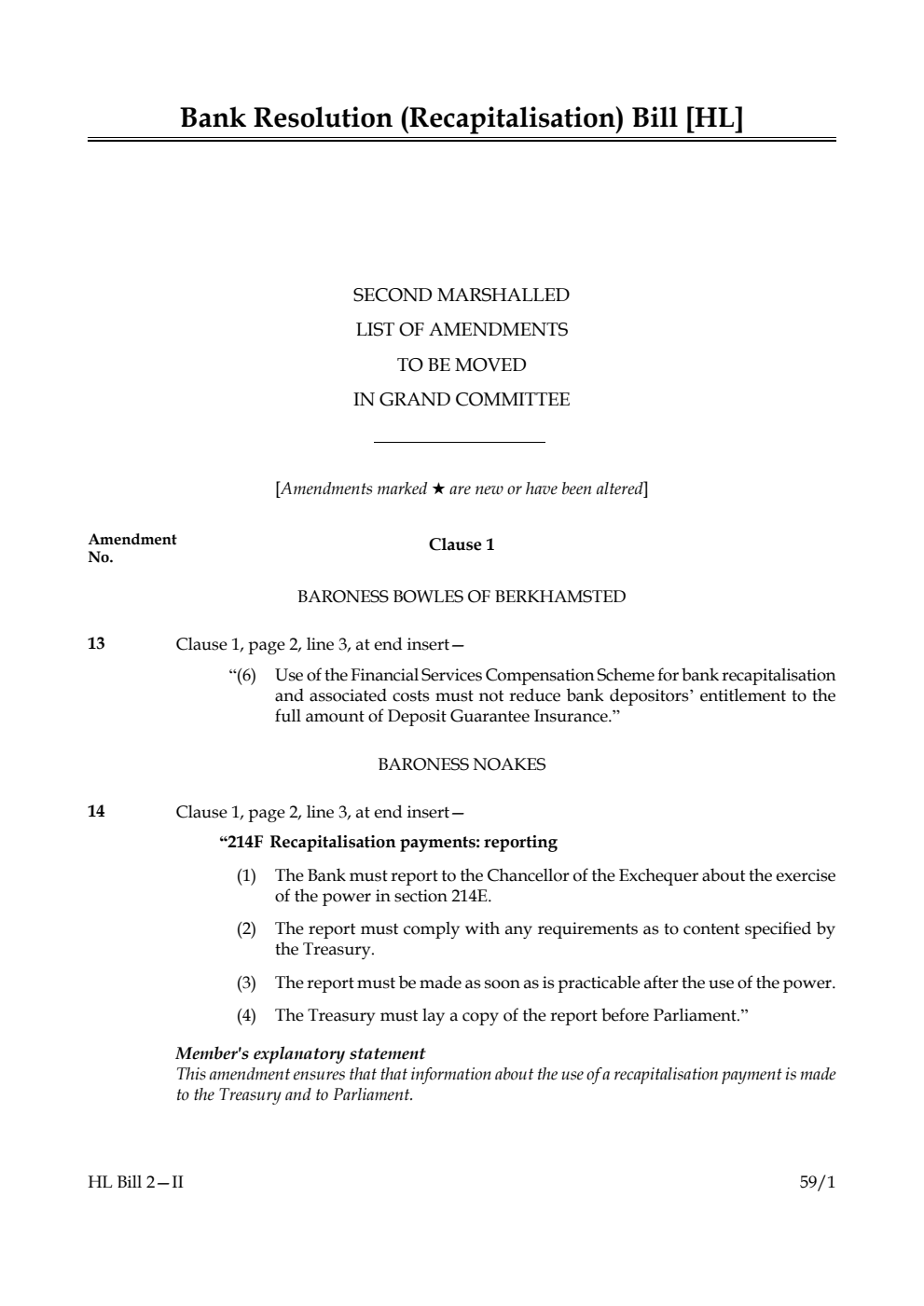 Bank Resolution (Recapitalisation) Bill Second Marshalled List of amendments to be moved in Grand Committee