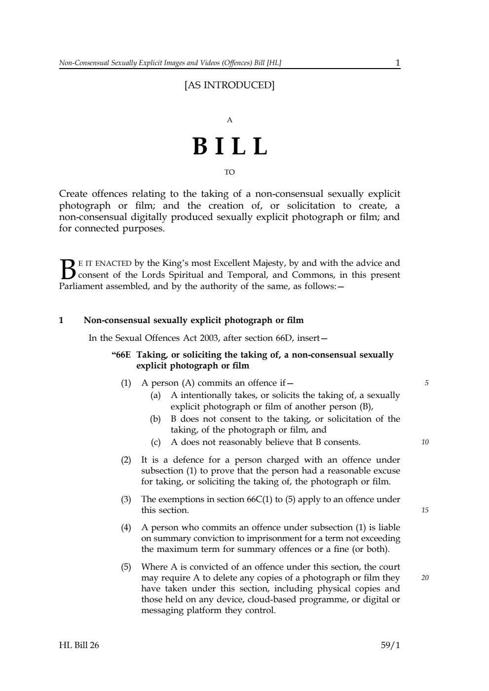 Non-Consensual Sexually Explicit Images and Videos (Offences) Bill