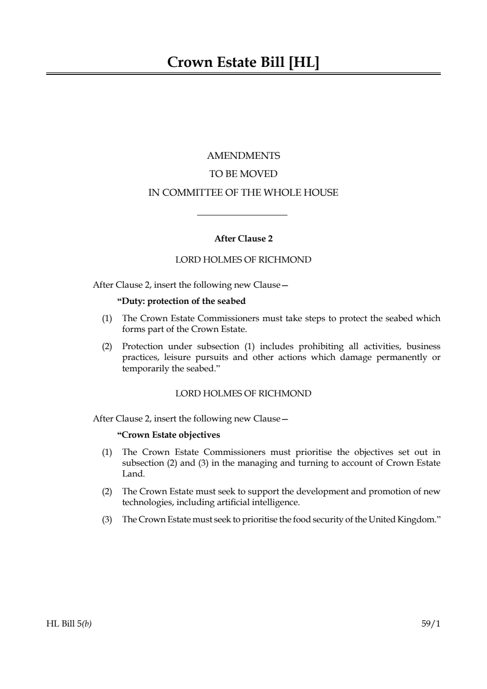 Crown Estate Bill Amendments to be moved in Committee of the Whole House