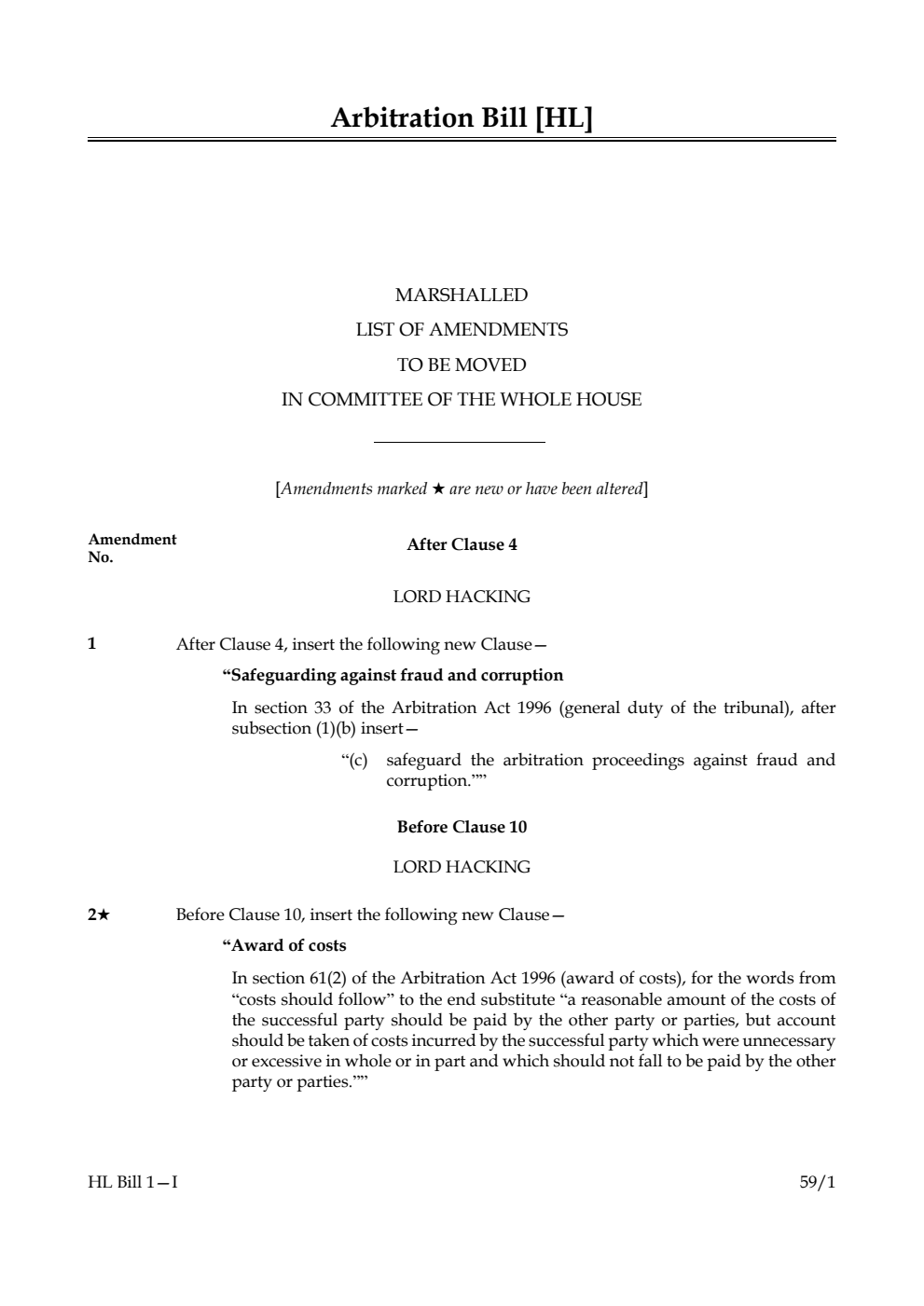 Arbitration Bill Marshalled List of amendments to be moved in Committee of the Whole House