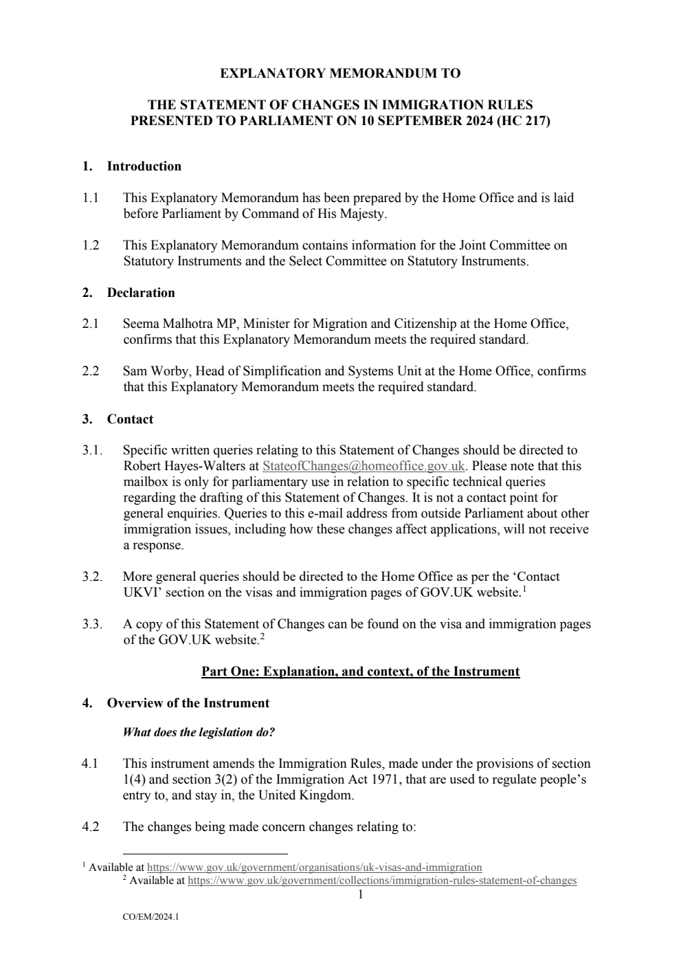Explanatory Memorandum to the Statement of Changes in Immigration Rules