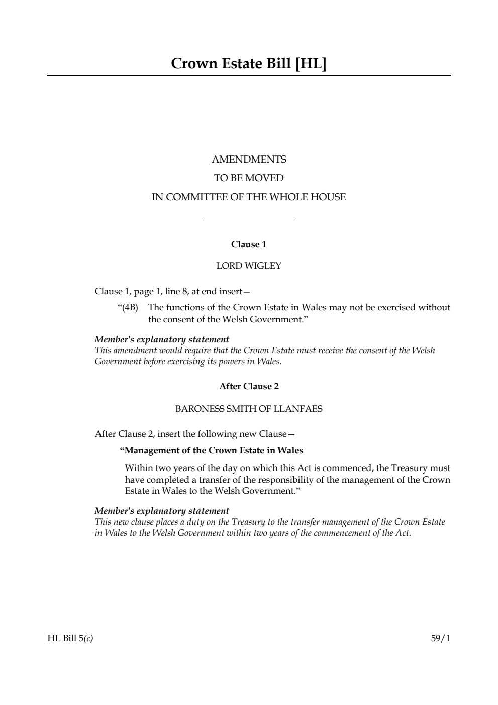 Crown Estate Bill Amendments to be moved in Committee of the Whole House