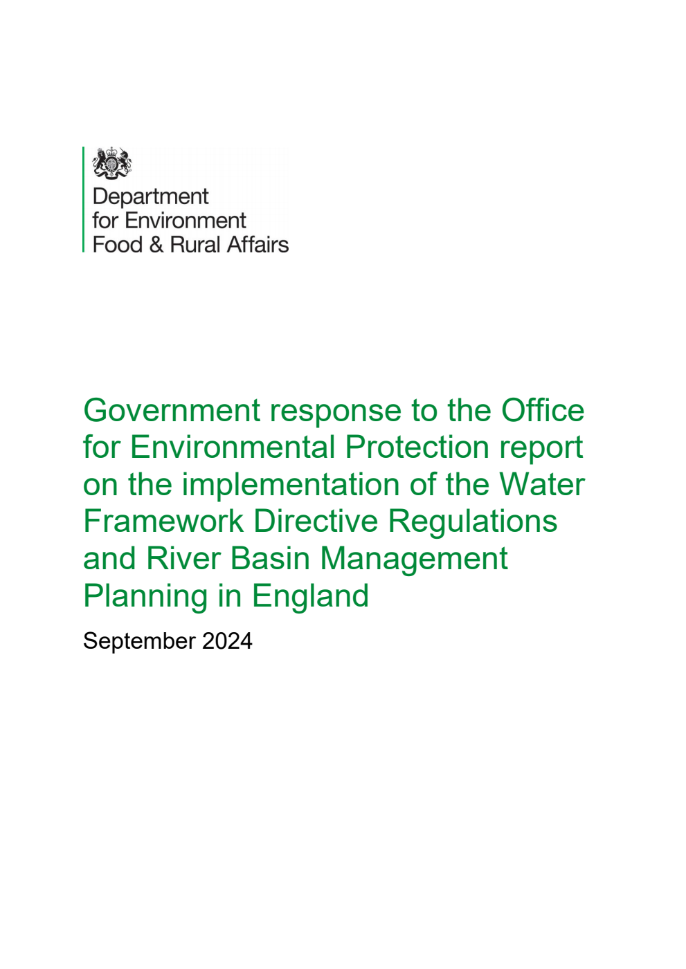 Government response to the Office for Environmental Protection report on the implementation of the Water Framework Directive Regulations and River Basin Management Planning in England