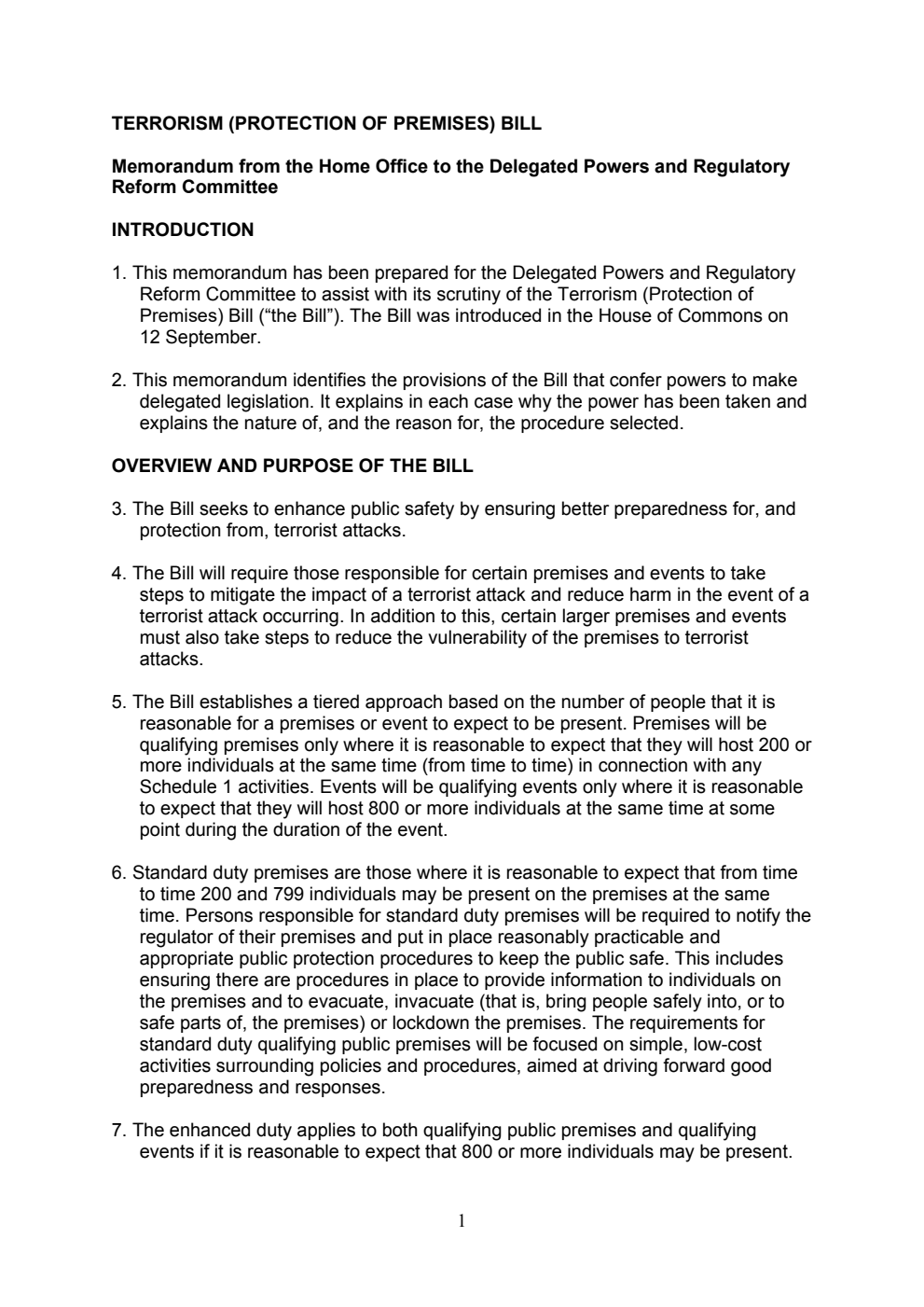 Terrorism (Protection of Premises) Bill. Memorandum from the Home Office to the Delegated Powers and Regulatory Reform Committee