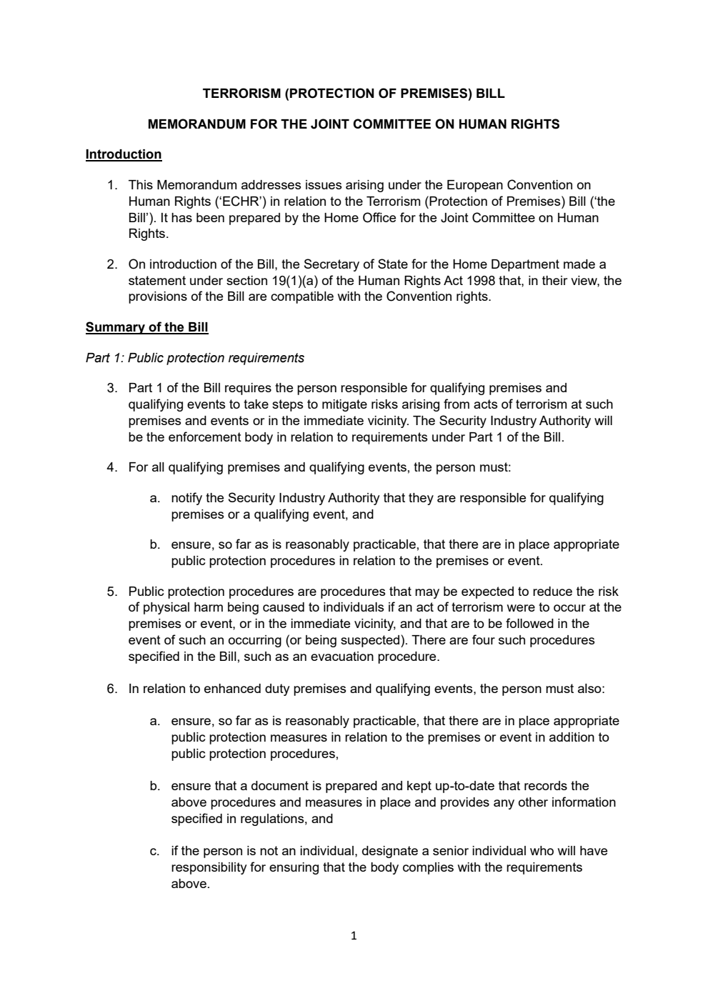 Terrorism (Protection of Premises) Bill. Memorandum for the Joint Committee on Human Rights