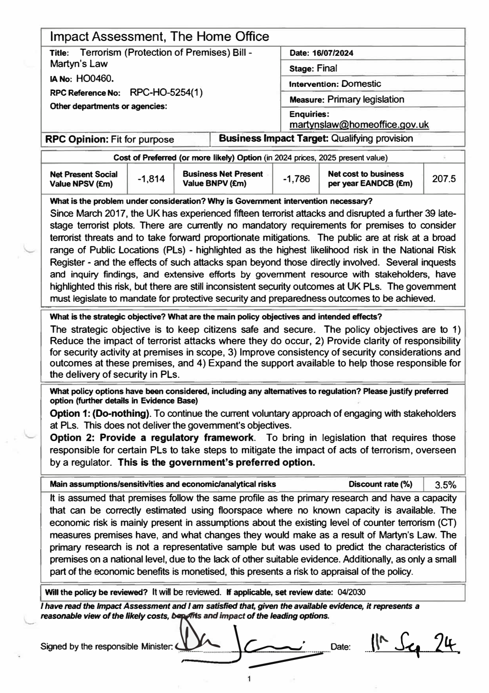 Terrorism (Protection of Premises) Bill. Impact Assessment, The Home Office