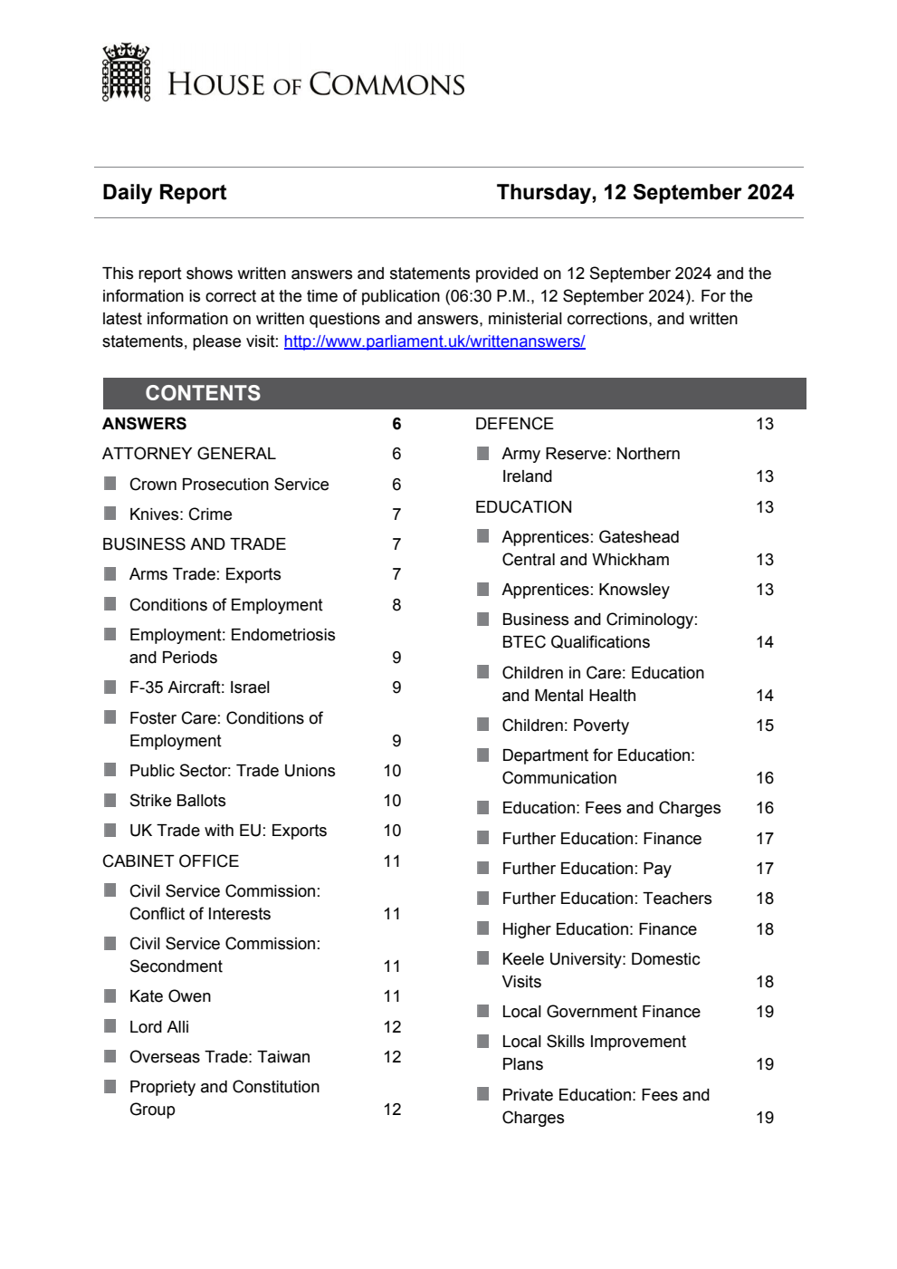 HOC Daily Report Written Statements and Answers 12.09.24