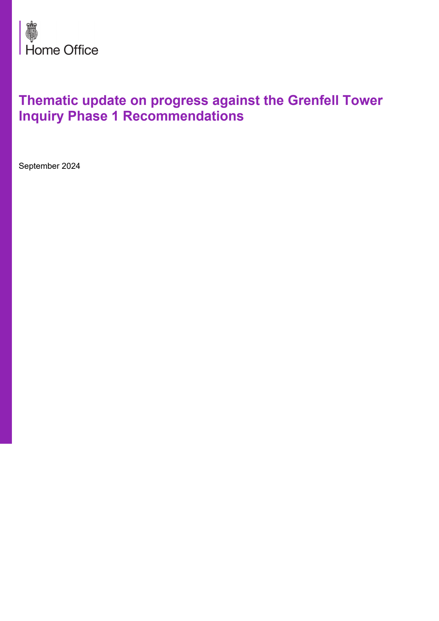 Thematic update on progress against the Grenfell Tower Inquiry Phase 1 Recommendations. September 2024
