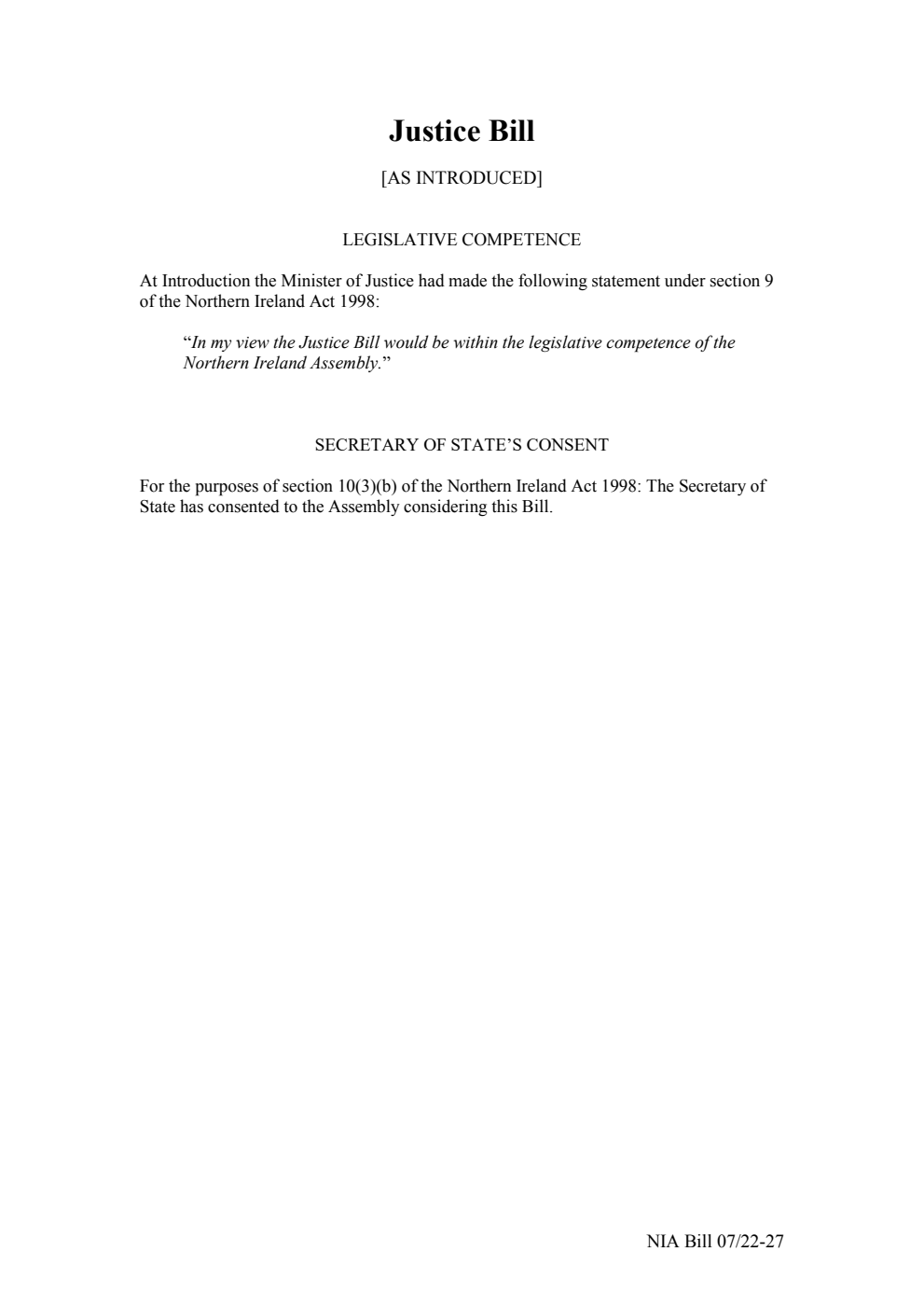 Justice Bill [As Introduced]