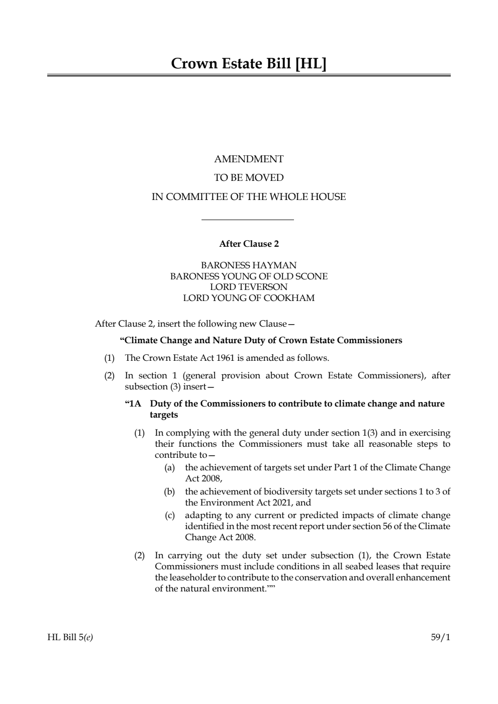 Crown Estate Bill Amendment to be moved in Committee of the Whole House