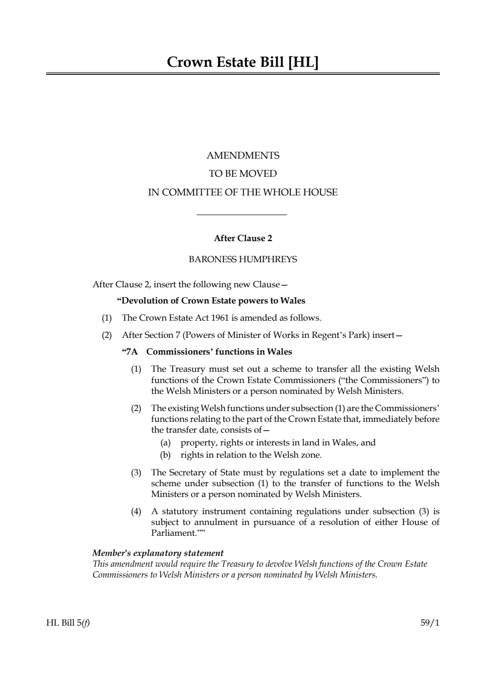 Crown Estate Bill Amendments to be moved in Committee of the Whole House