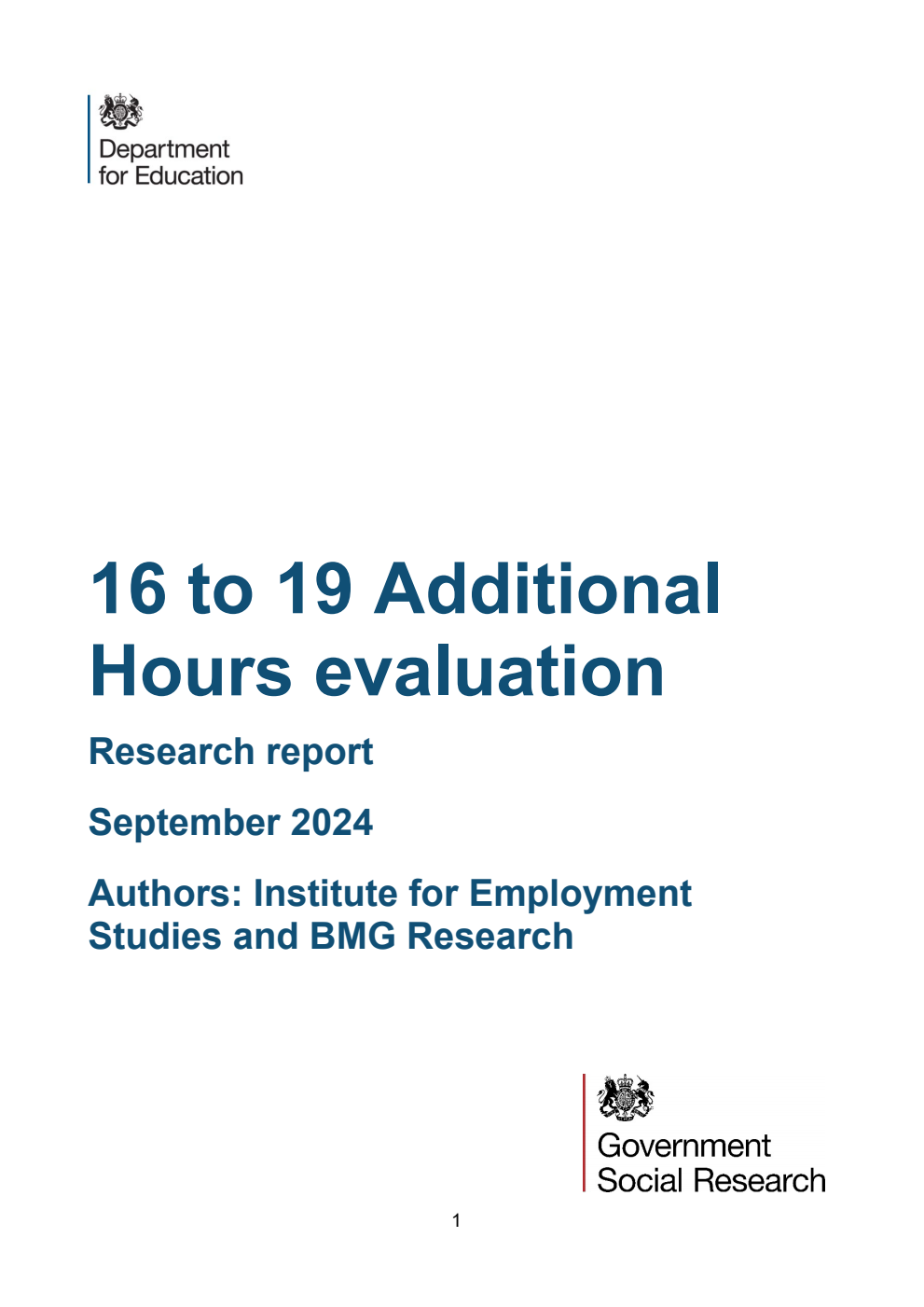 DFE-RR1420 16 to 19 Additional Hours evaluation. Research report. September 2024