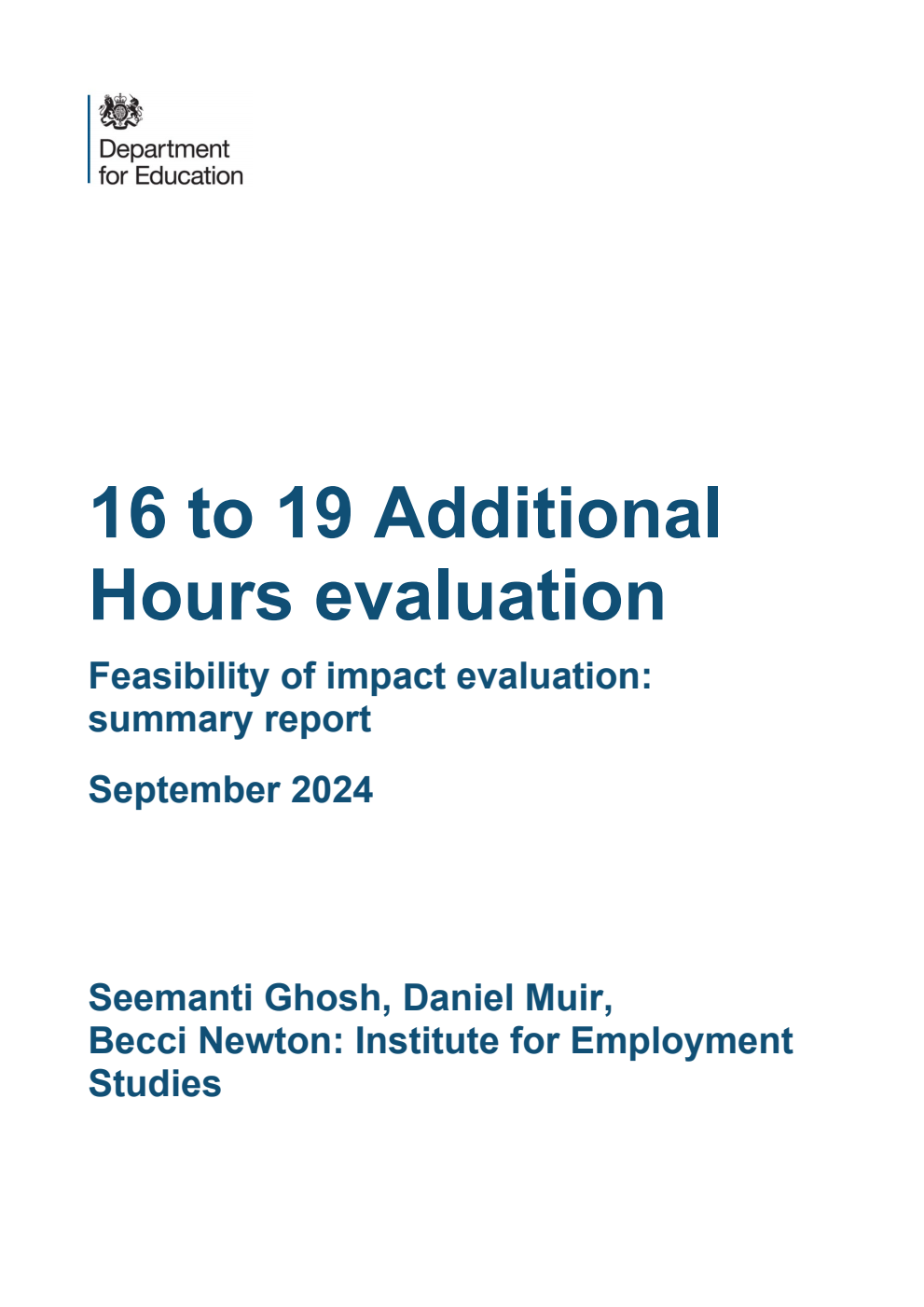 DFE-RR1457 16 to 19 Additional Hours evaluation. Feasibility of impact evaluation: summary report. September 2024