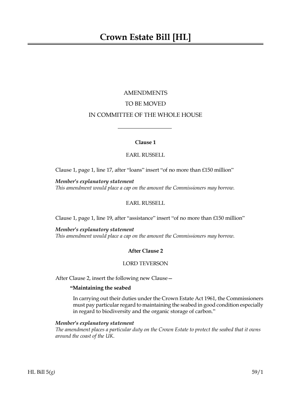 Crown Estate Bill Amendments to be moved in Committee of the Whole House