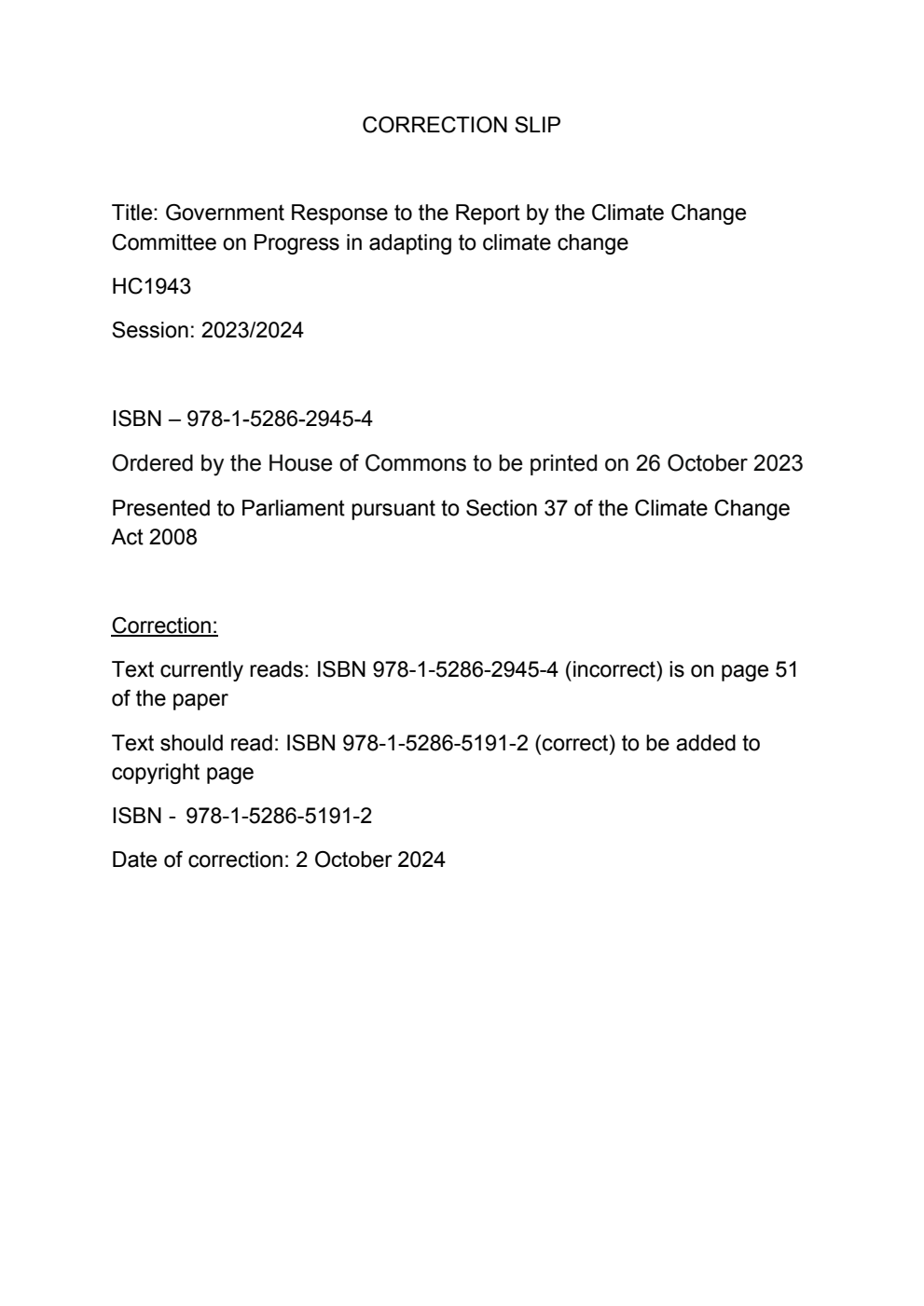 Government response to the Climate Change Committee. 2023 report to Parliament – progress in adapting to climate change. Correction Slip, October 2024