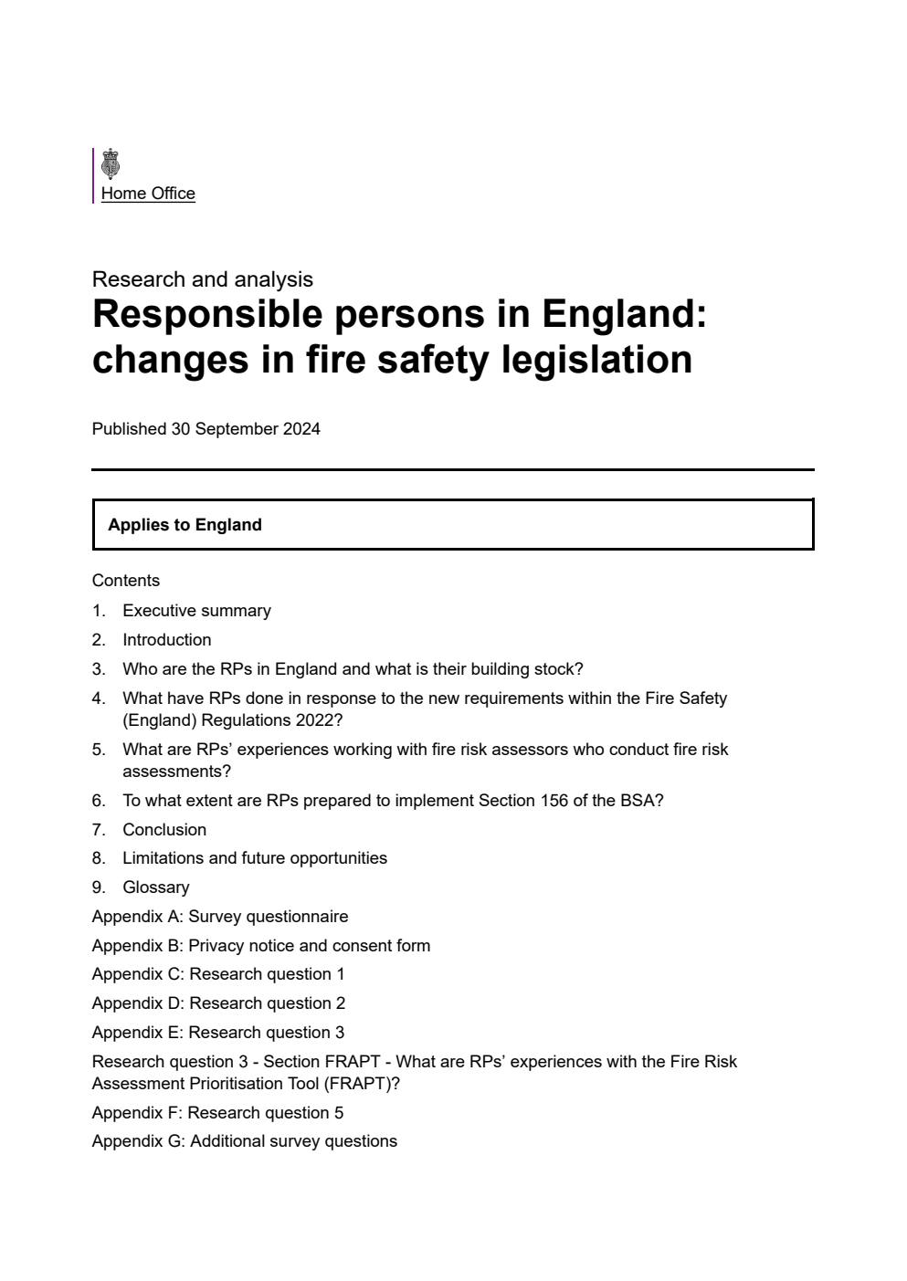 Home Office Research Report Responsible persons in England: changes in fire safety legislation
