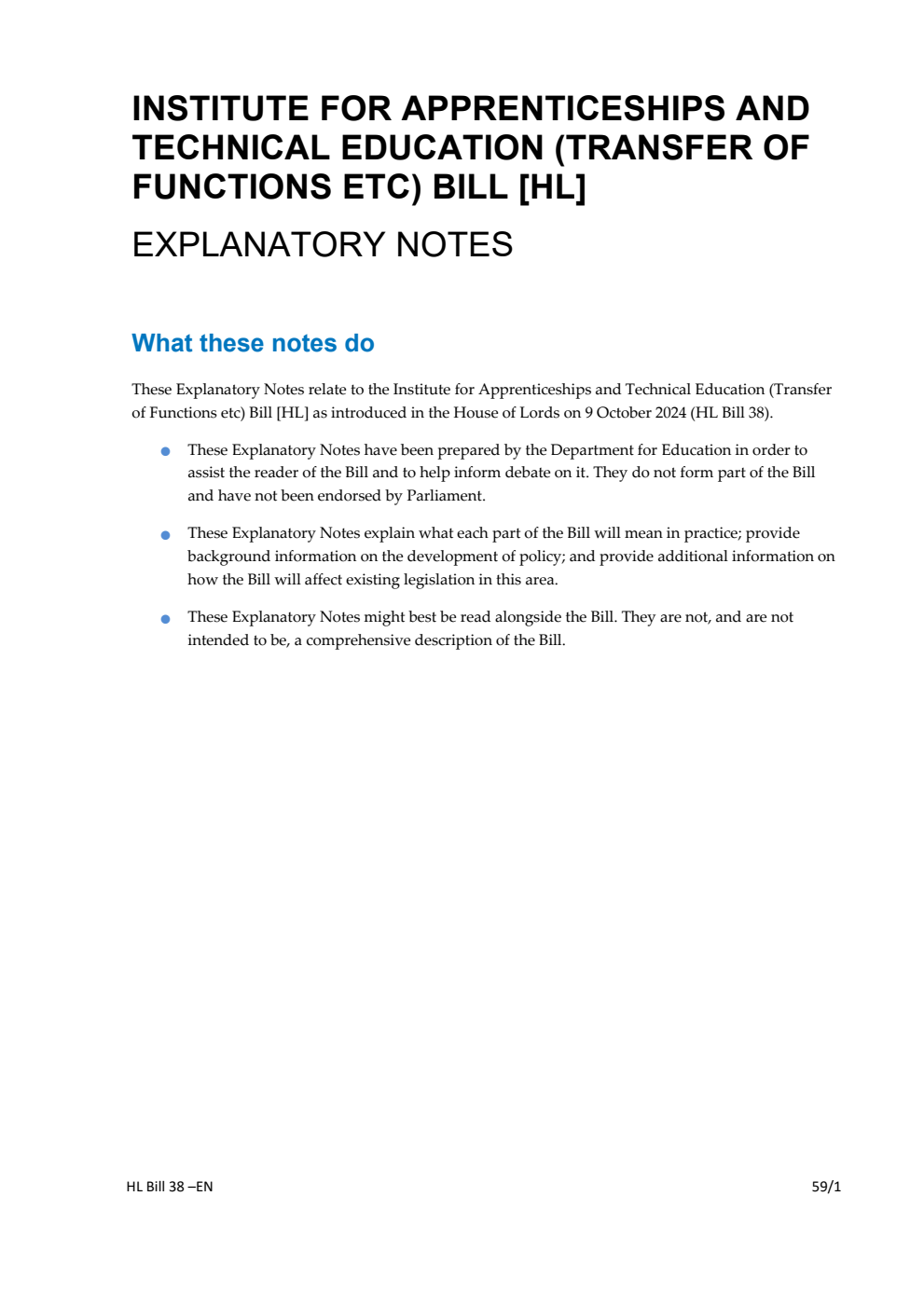 Institute for Apprenticeships and Technical Education (Transfer of Functions etc) Bill Explanatory Notes
