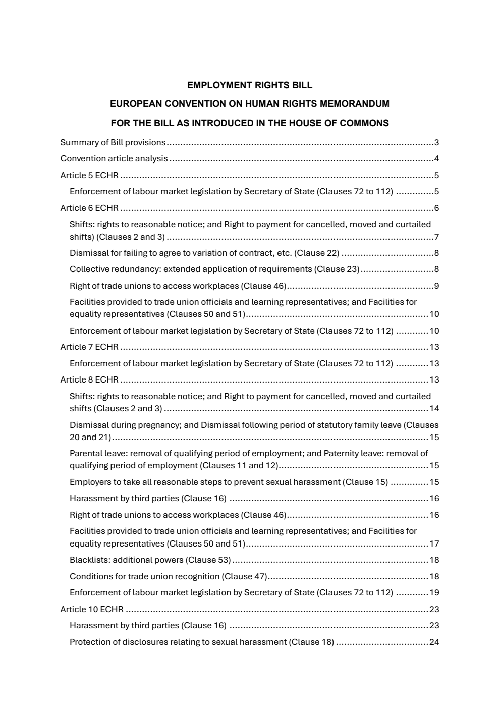 Employment Rights Bill - European Convention on Human Rights Memorandum