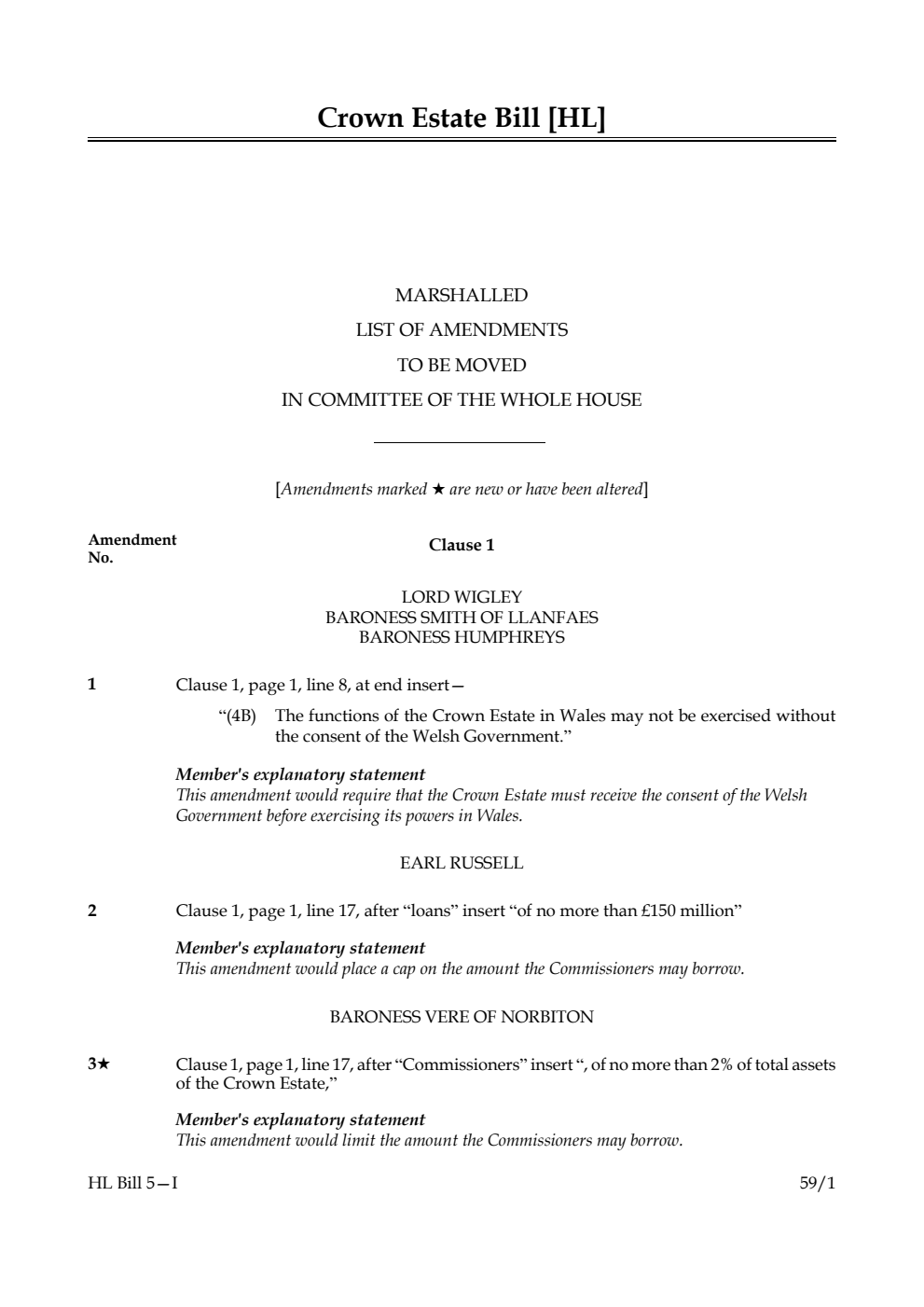 Crown Estate Bill Marshalled List of Amendments to be moved in Committee of the Whole House