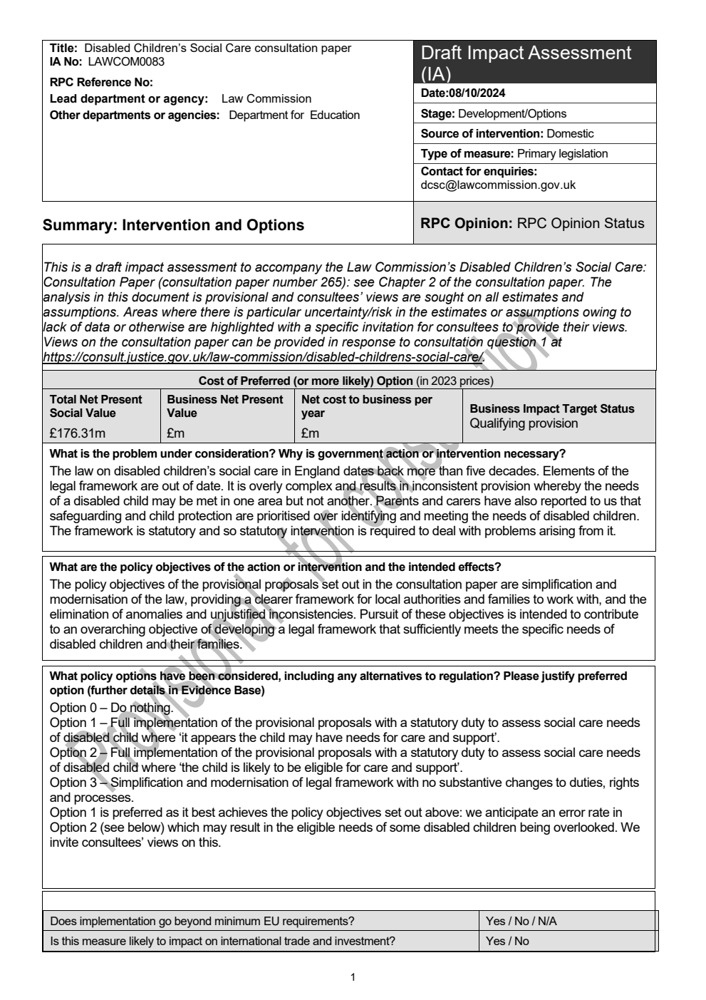 Draft Impact Assessment - Disabled Children’s Social Care consultation paper