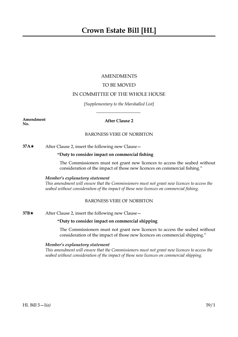 Crown Estate Bill Amendments to be moved in Committee of the Whole House [Supplementary to the Marshalled List]