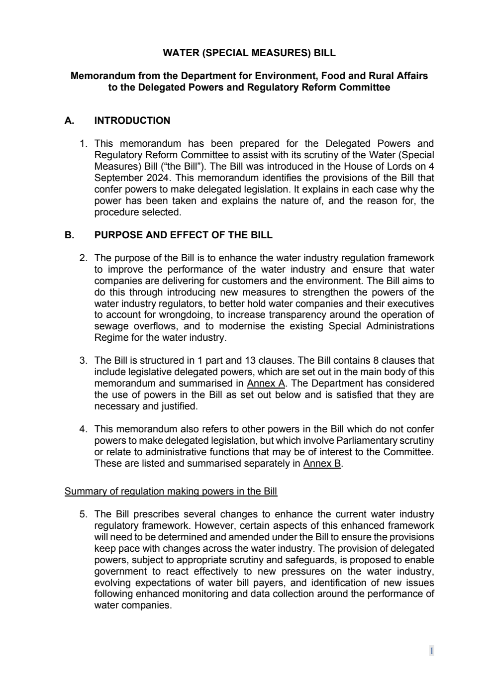 Water (Special Measures) Bill. Memorandum from the Department for Environment, Food and Rural Affairs to the Delegated Powers and Regulatory Reform Committee