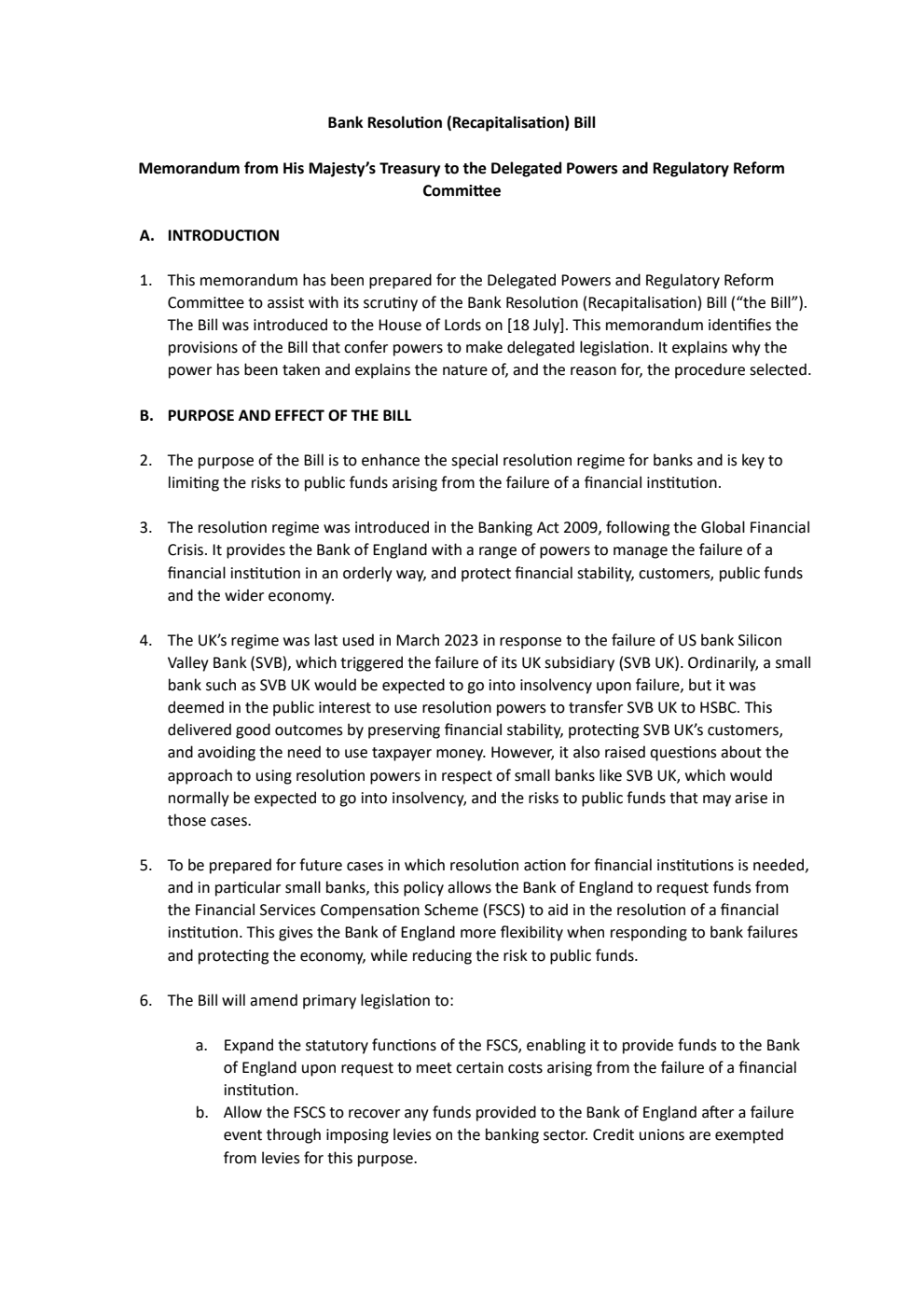 Bank Resolution (Recapitalisation) Bill. Memorandum from His Majesty’s Treasury to the Delegated Powers and Regulatory Reform Committee
