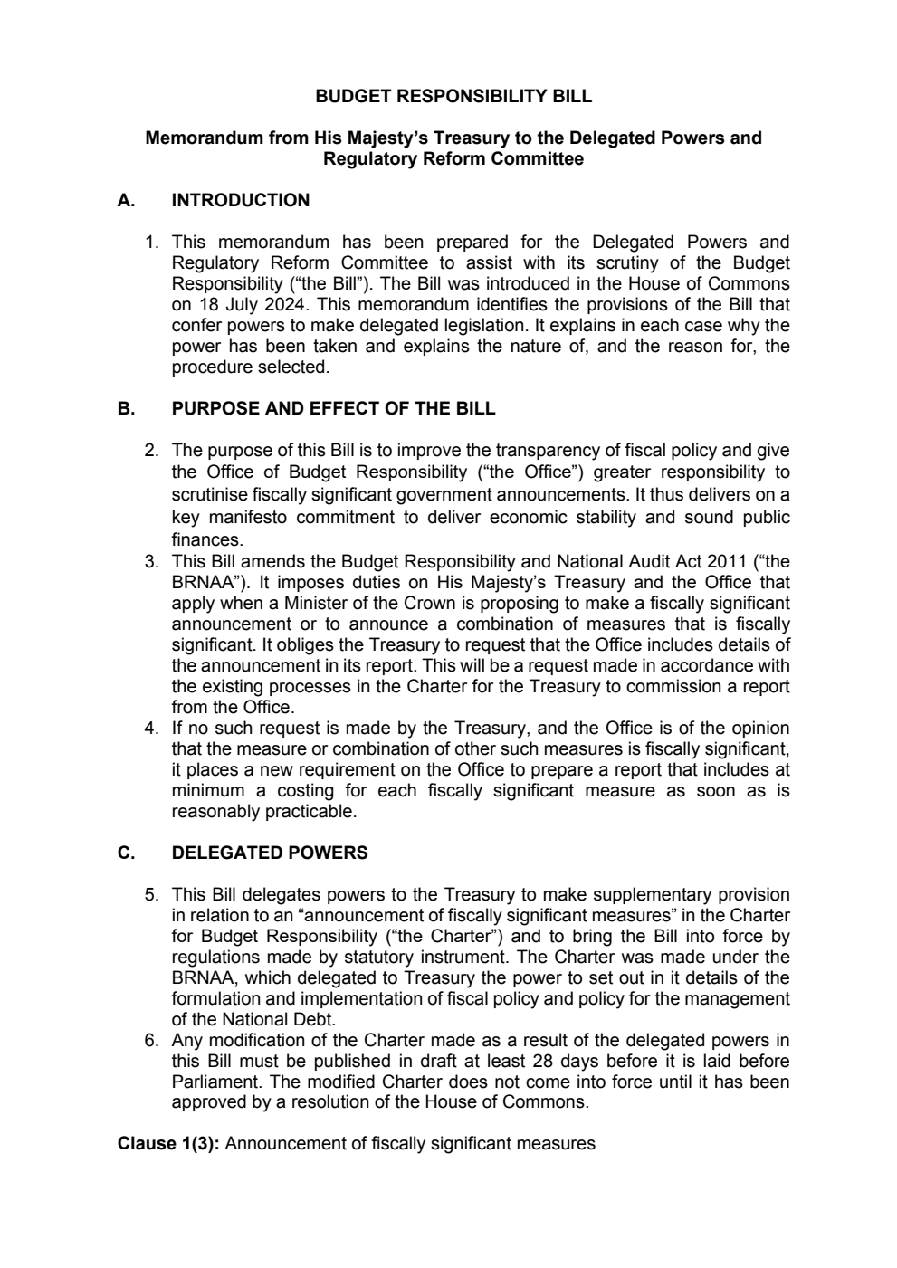 Budget Responsibility Bill. Memorandum from His Majesty’s Treasury to the Delegated Powers and Regulatory Reform Committee