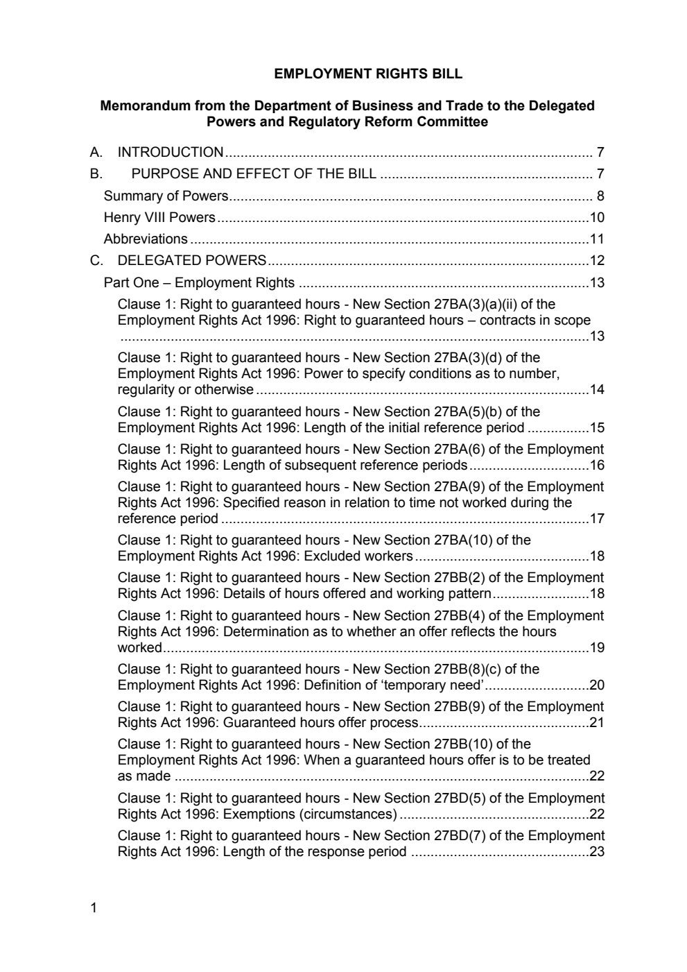 Employment Rights Bill - Memorandum from the Department of Business and Trade to the Delegated Powers and Regulatory Reform Committee