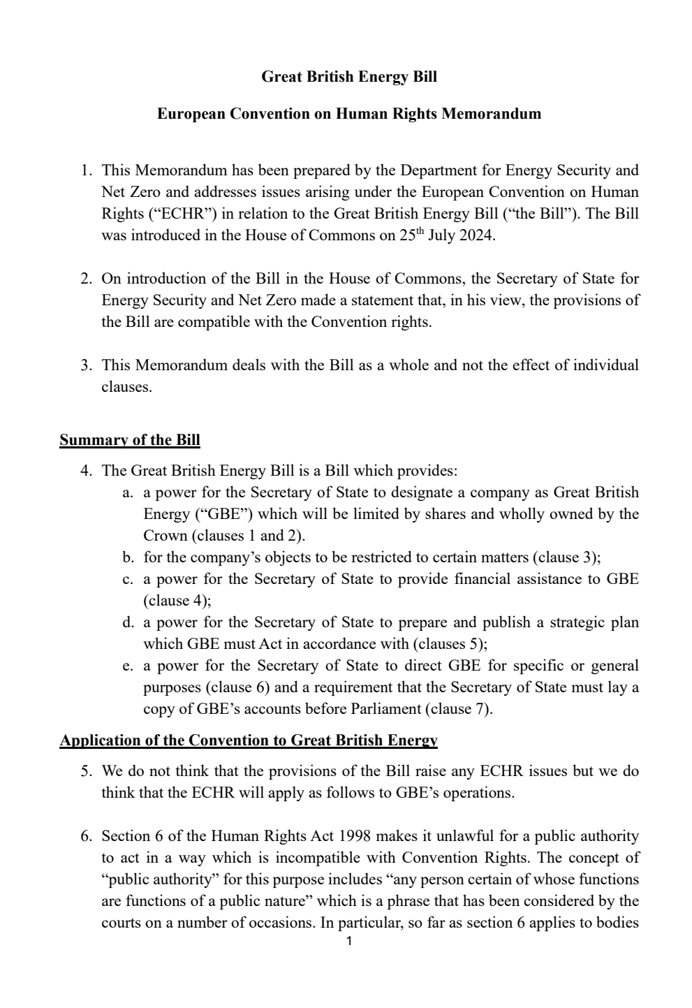Great British Energy Bill - European Convention on Human Rights Memorandum