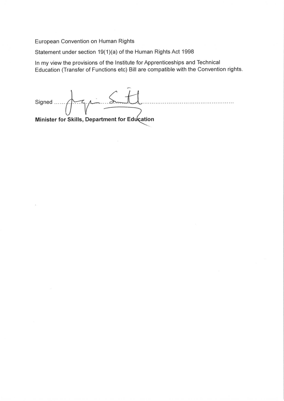 Institute for Apprenticeships and Technical Education (Transfer of Functions etc) Bill - Human rights memorandum