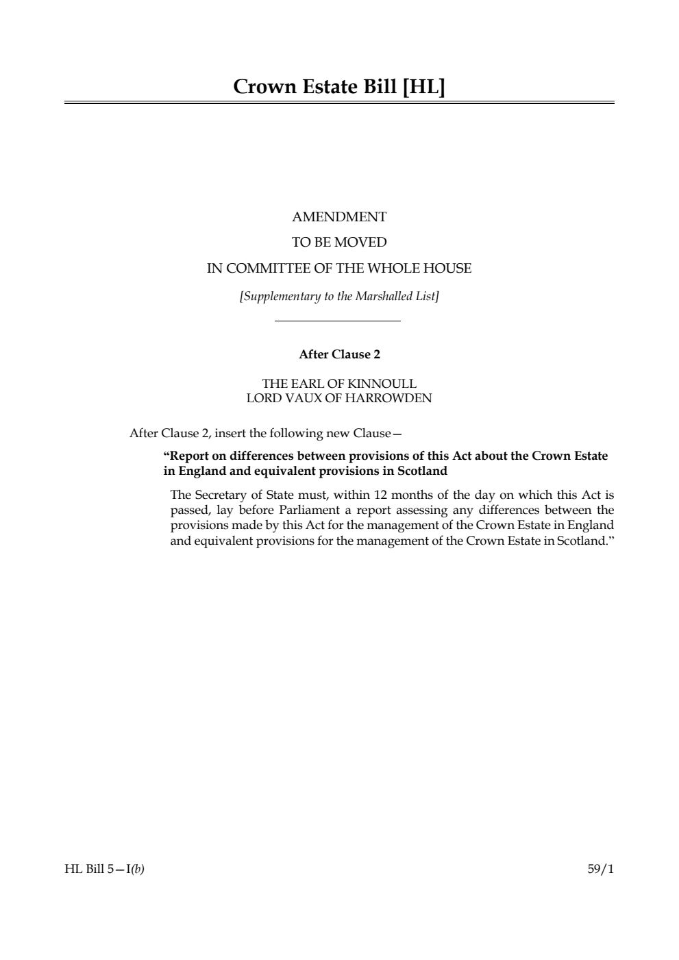 Crown Estate Bill Amendment to be moved in Committee of the Whole House [Supplementary to the Marshalled List]