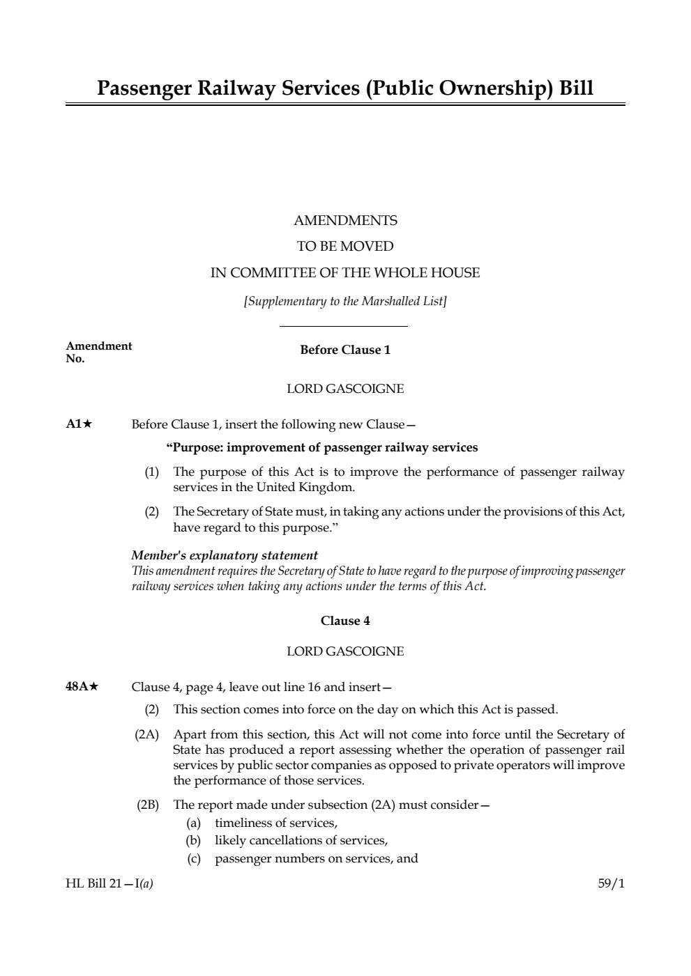 Passenger Railway Services (Public Ownership) Bill Amendments to be moved in Committee of the Whole House [Supplementary to the Marshalled List]