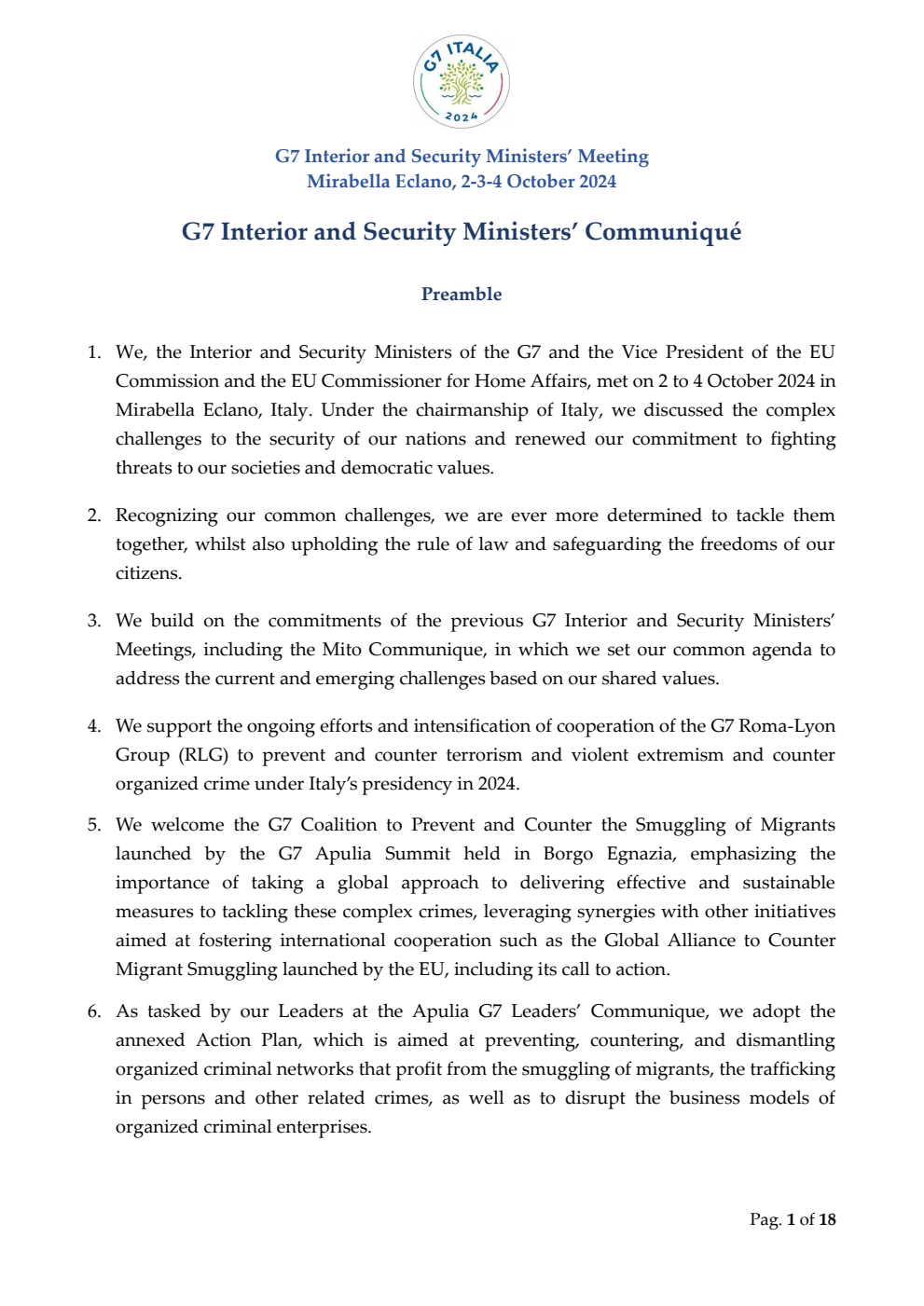 G7 interior and security ministers’ communiqué and action plan. Communiqué summarising the October 2024 meeting of the G7 interior and security ministers