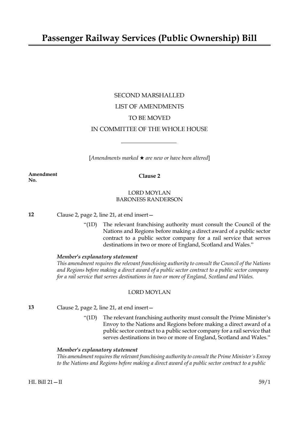 Passenger Railway Services (Public Ownership) Bill Second Marshalled List of amendments to be moved in Committee of the Whole House