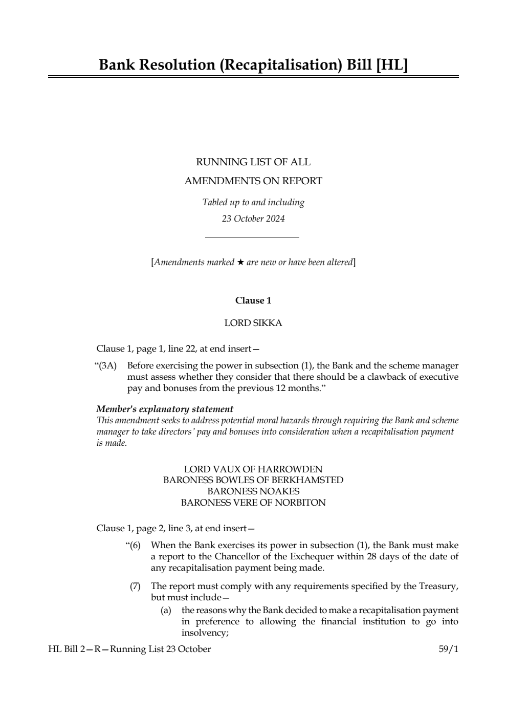 Bank Resolution (Recapitalisation) Bill Running List of all Amendments on Report Tabled up to and including 23 October 2024