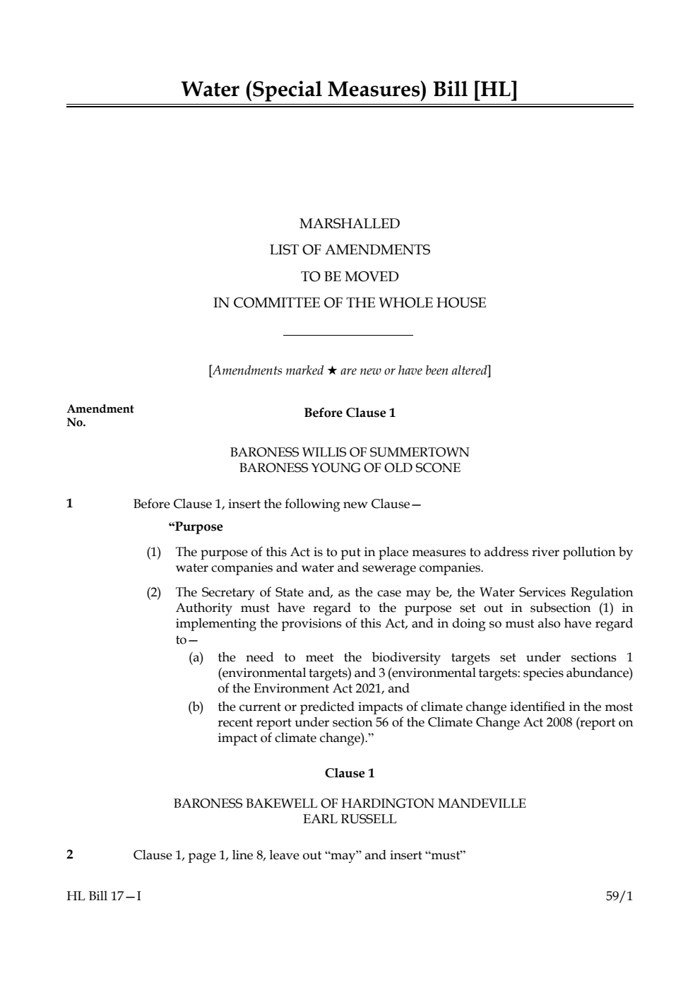 Water (Special Measures) Bill Marshalled List of amendments to be moved in Committee of the Whole House