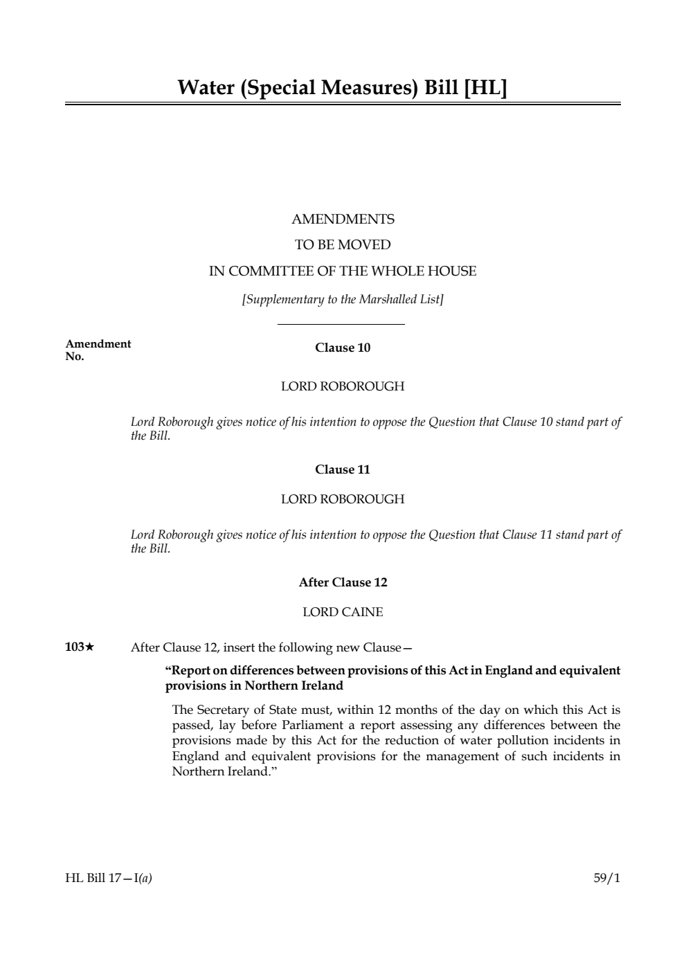 Water (Special Measures) Bill Amendments to be moved in Committee of the Whole House [Supplementary to the Marshalled List]