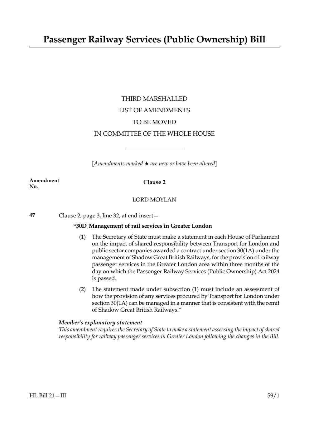 Passenger Railway Services (Public Ownership) Bill Third Marshalled List of amendments to be moved in Committee of the Whole House