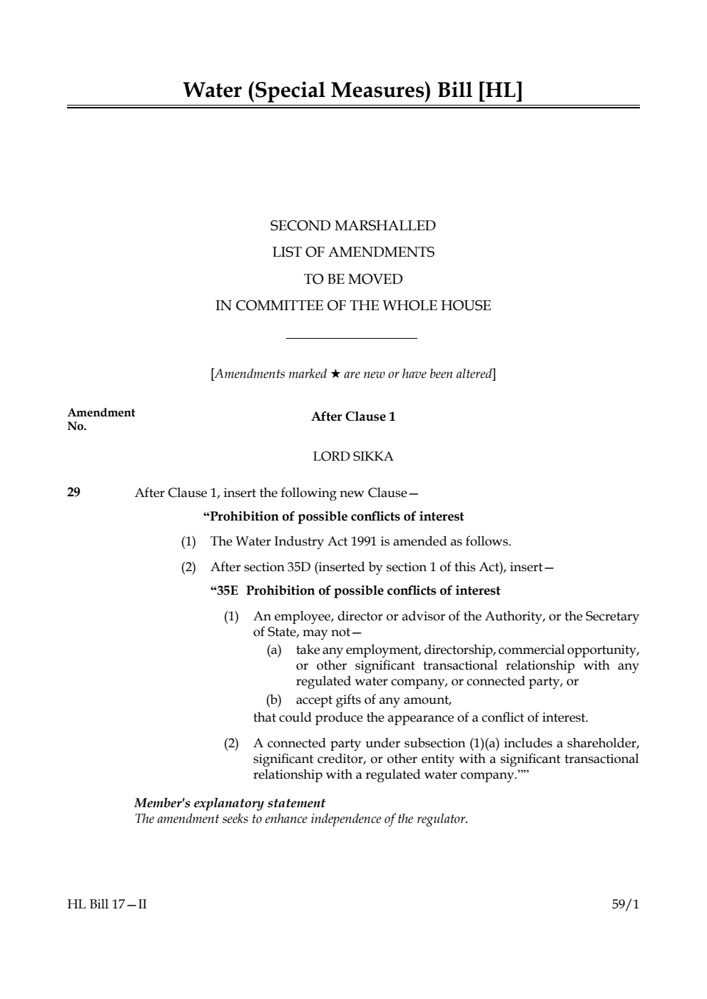 Water (Special Measures) Bill Second Marshalled List of amendments to be moved in Committee of the Whole House