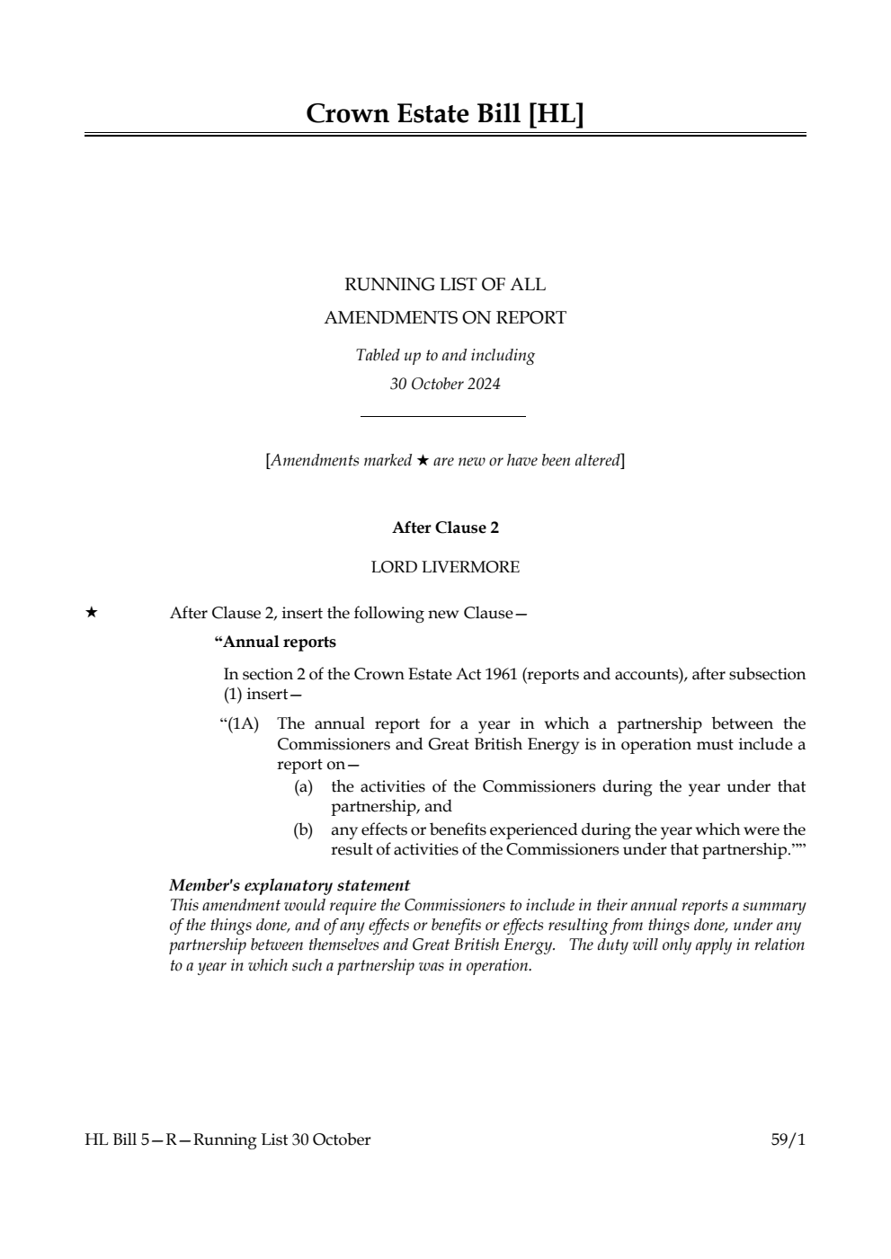 Crown Estate Bill  Running List of all Amendments on Report Tabled up to and including 30 October 2024
