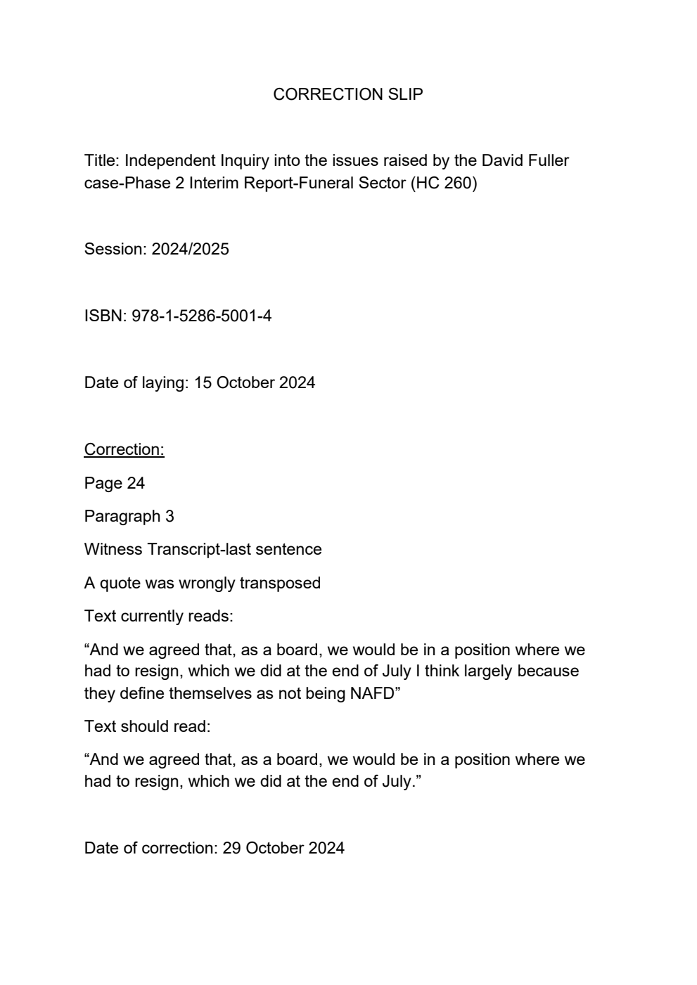 Independent Inquiry into the issues raised by the David Fuller case. Phase 2 Interim Report – Funeral Sector Correction Slip October 2024